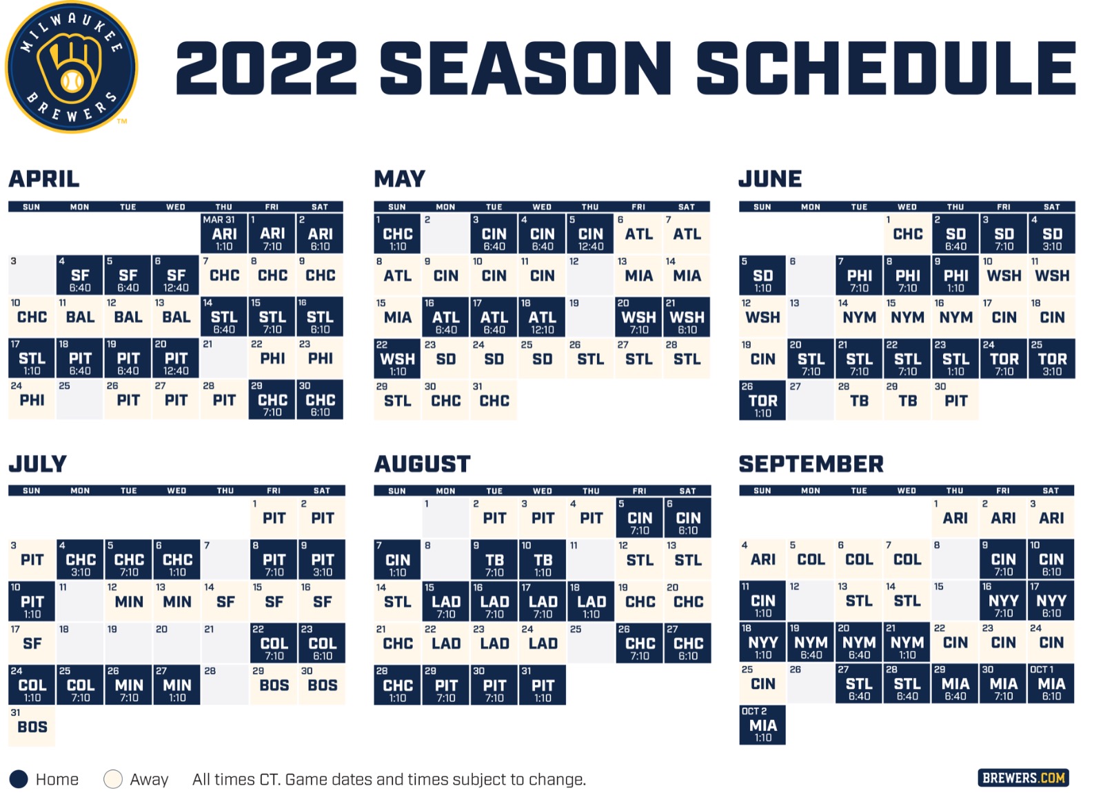 Brewers reveal schedule for 2022 season