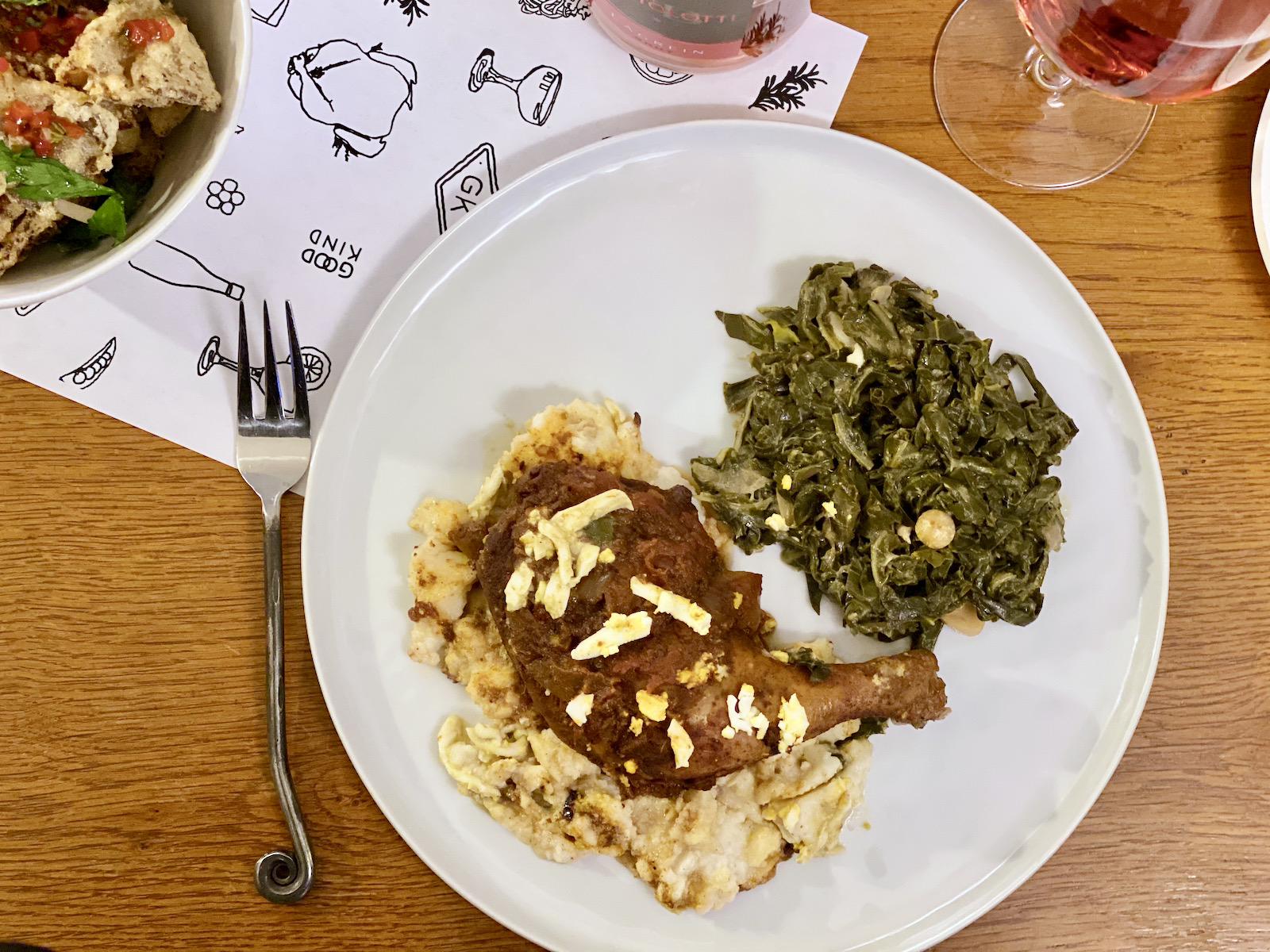 Goodkind Berbere chicken, grits and collard greens