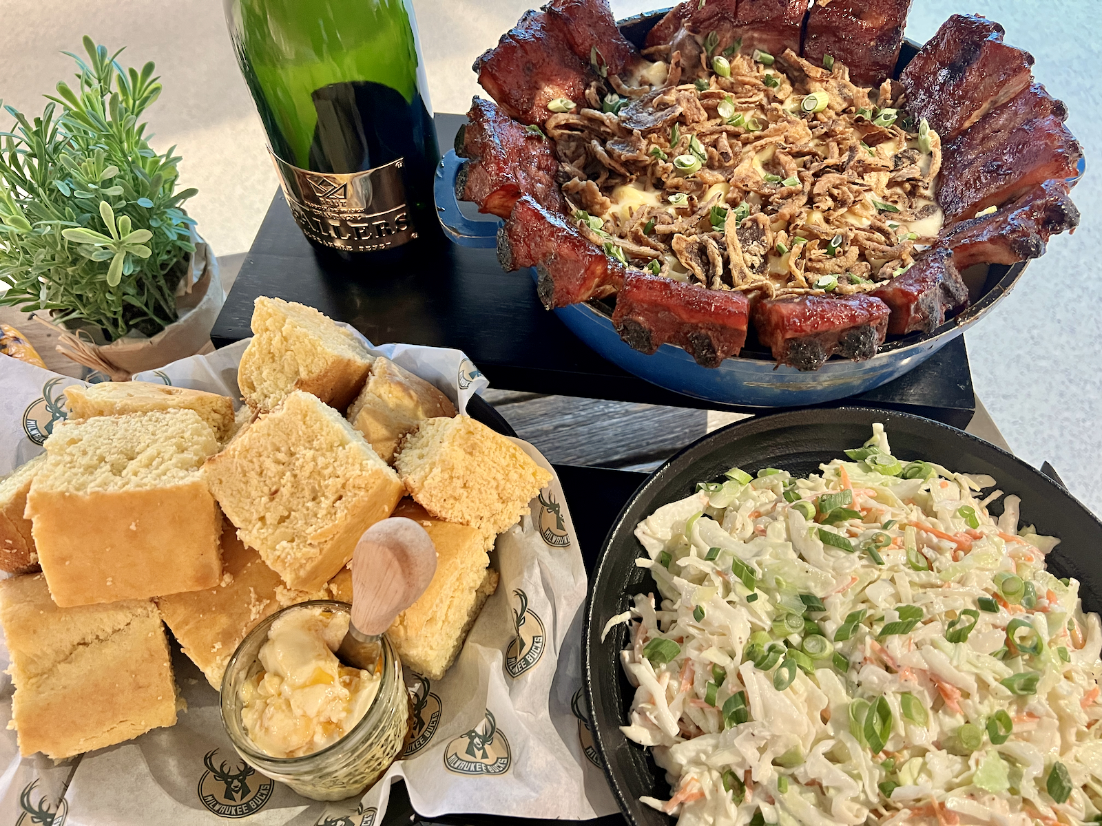 Stuffed Baby Back Ribs, corn bread, coleslaw