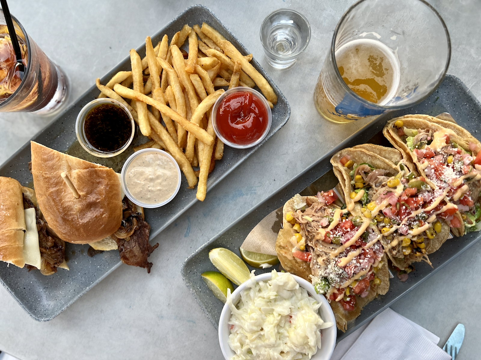 prime rib sandwich and street tacos