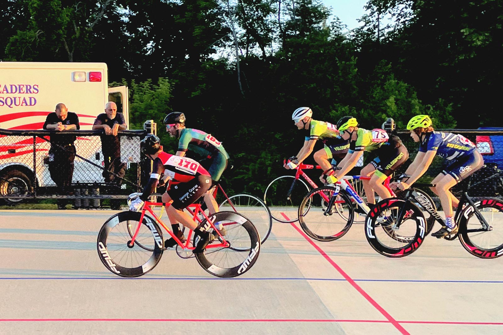 Five racers compete on the Kenosha Velodrome.