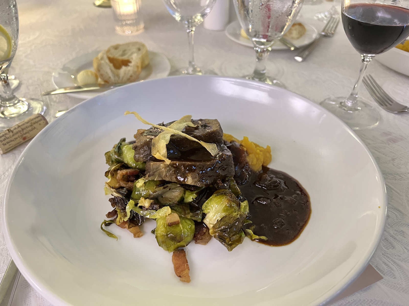 Niman Ranch Short Ribs with mushroom demi, brussels sprouts paired with Ashes & Diamonds Rouge No. 5