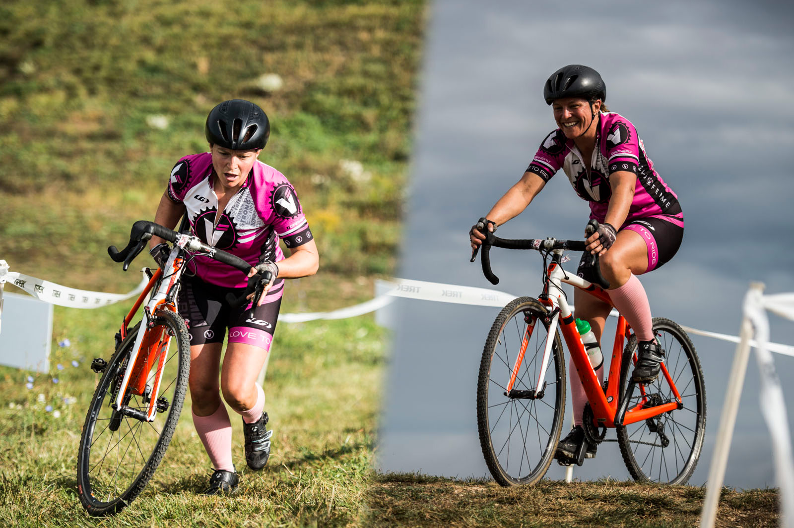 Split photo with a woman racing cyclocross, suffering on one side, smiling on the other. Photo © Zachary Seib Photography.