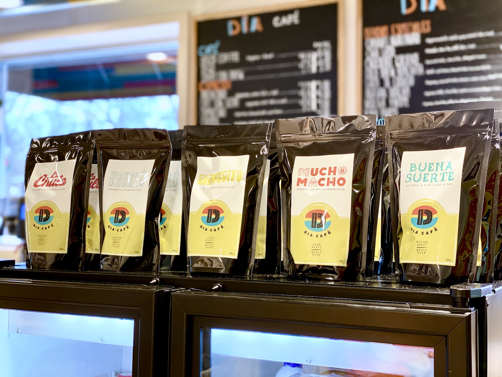 Bags of Dia Cafe coffee