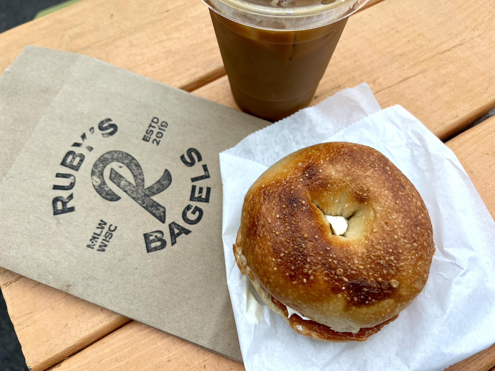 Bagel and coffee overhead