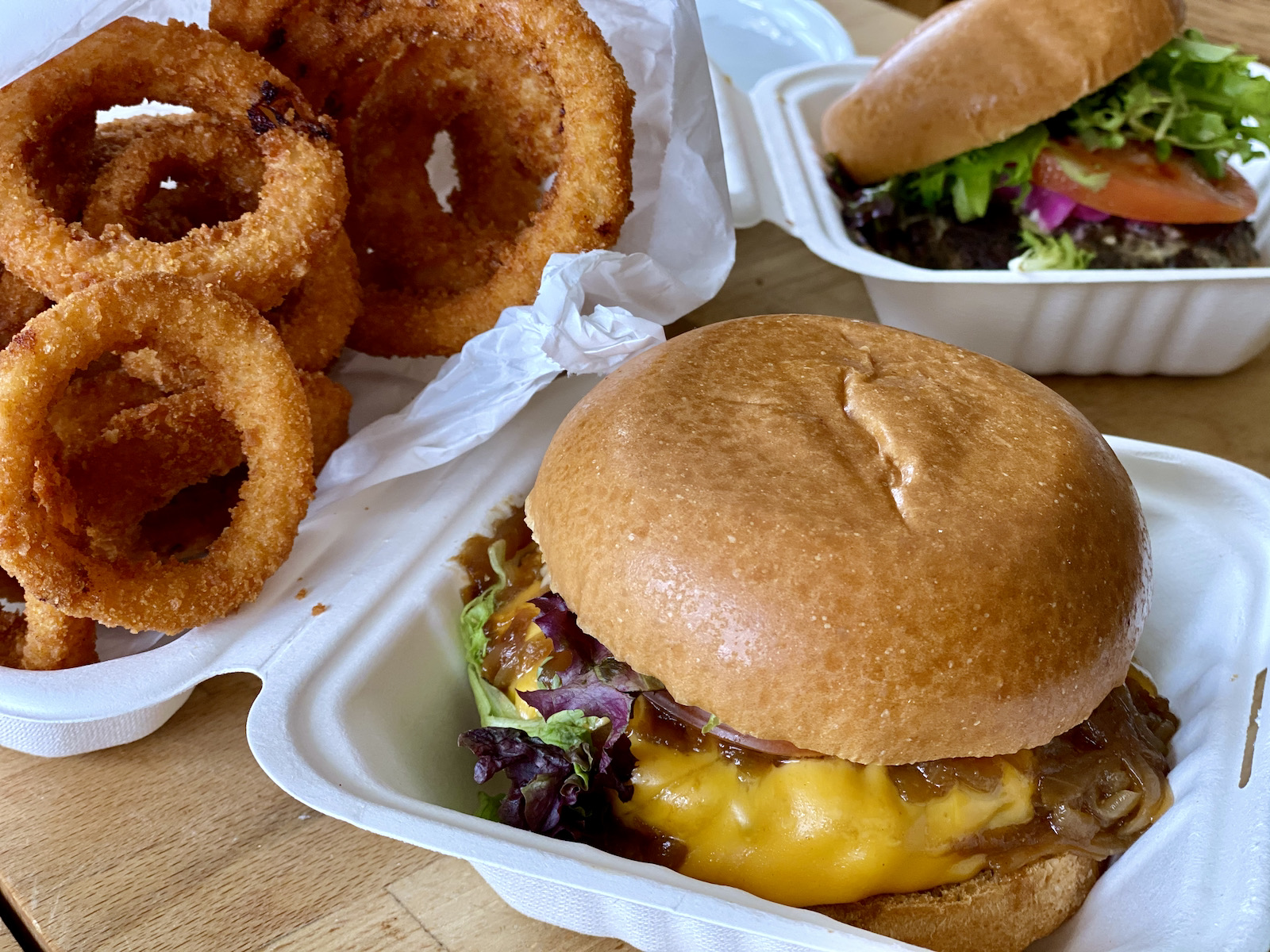 The Gordo Burger in its carry-out packaging