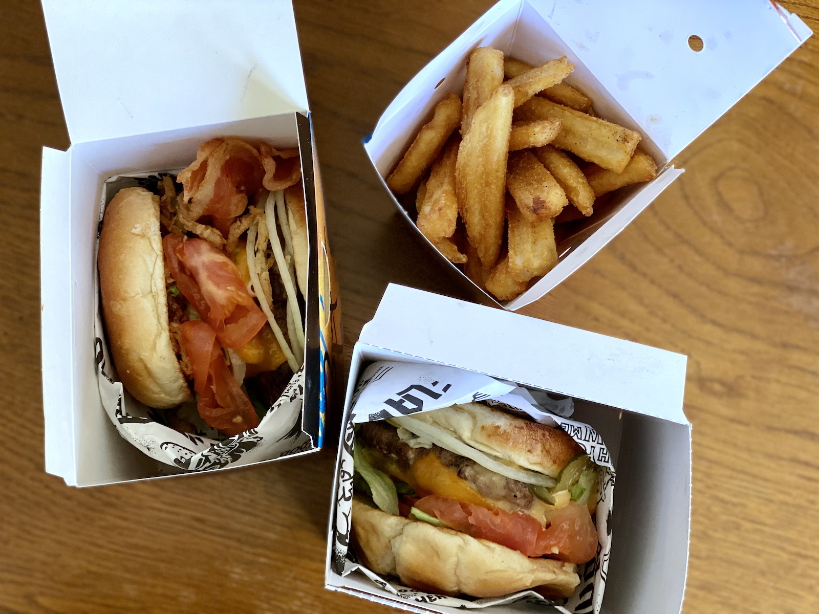 Burgers and fries in their packaging