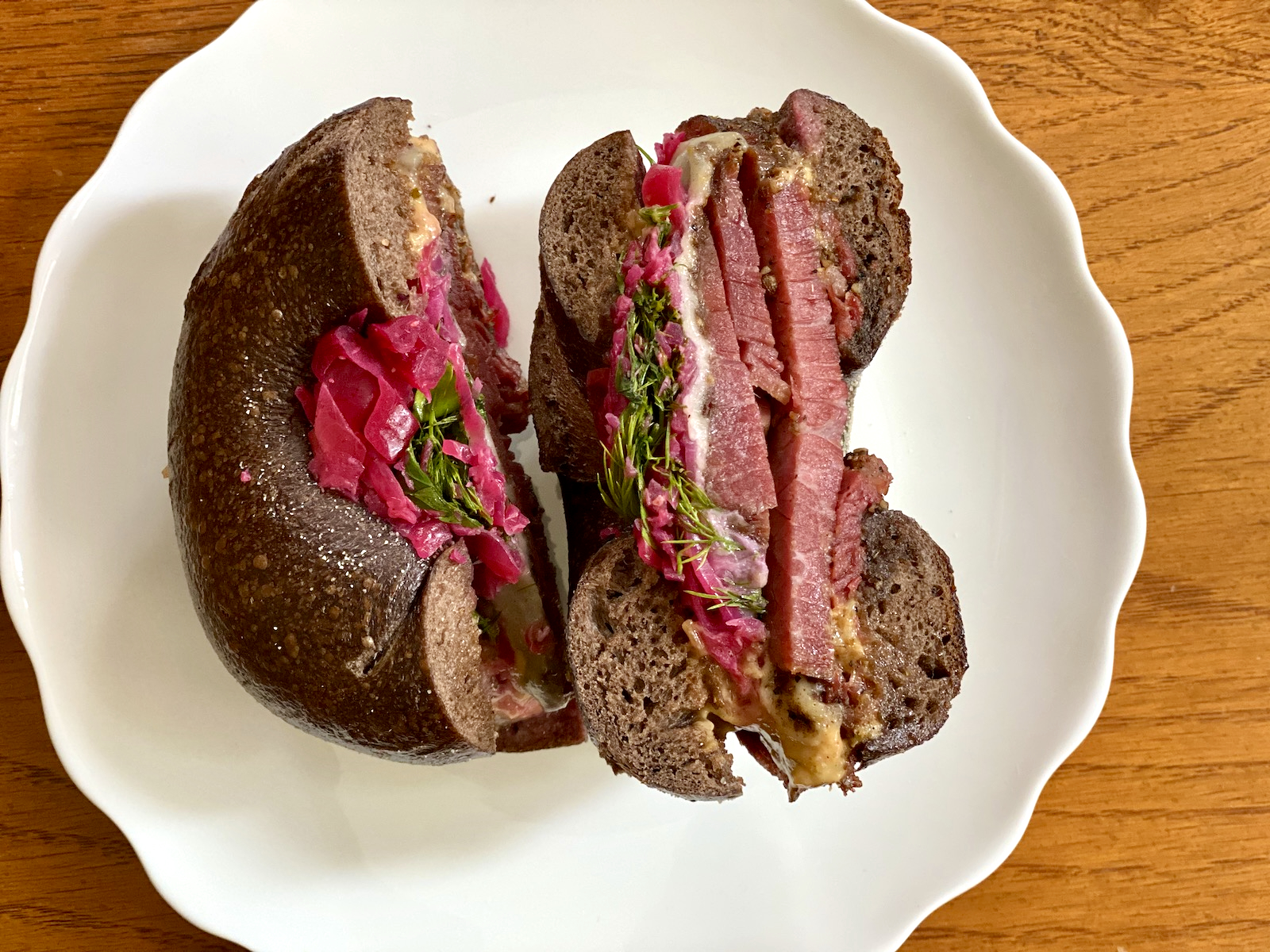 Allie Boy's house pastrami on a pumpernickel bagel.