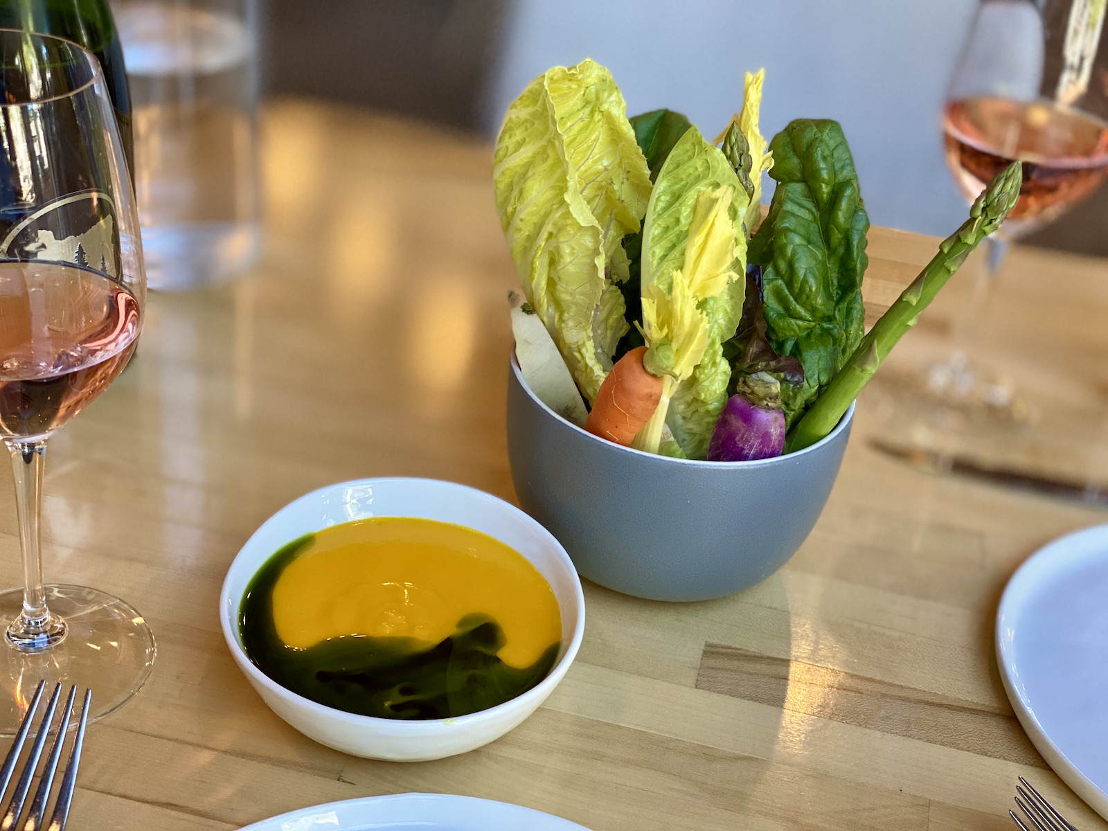 Crunchy farm vegetables and carrot miso dip