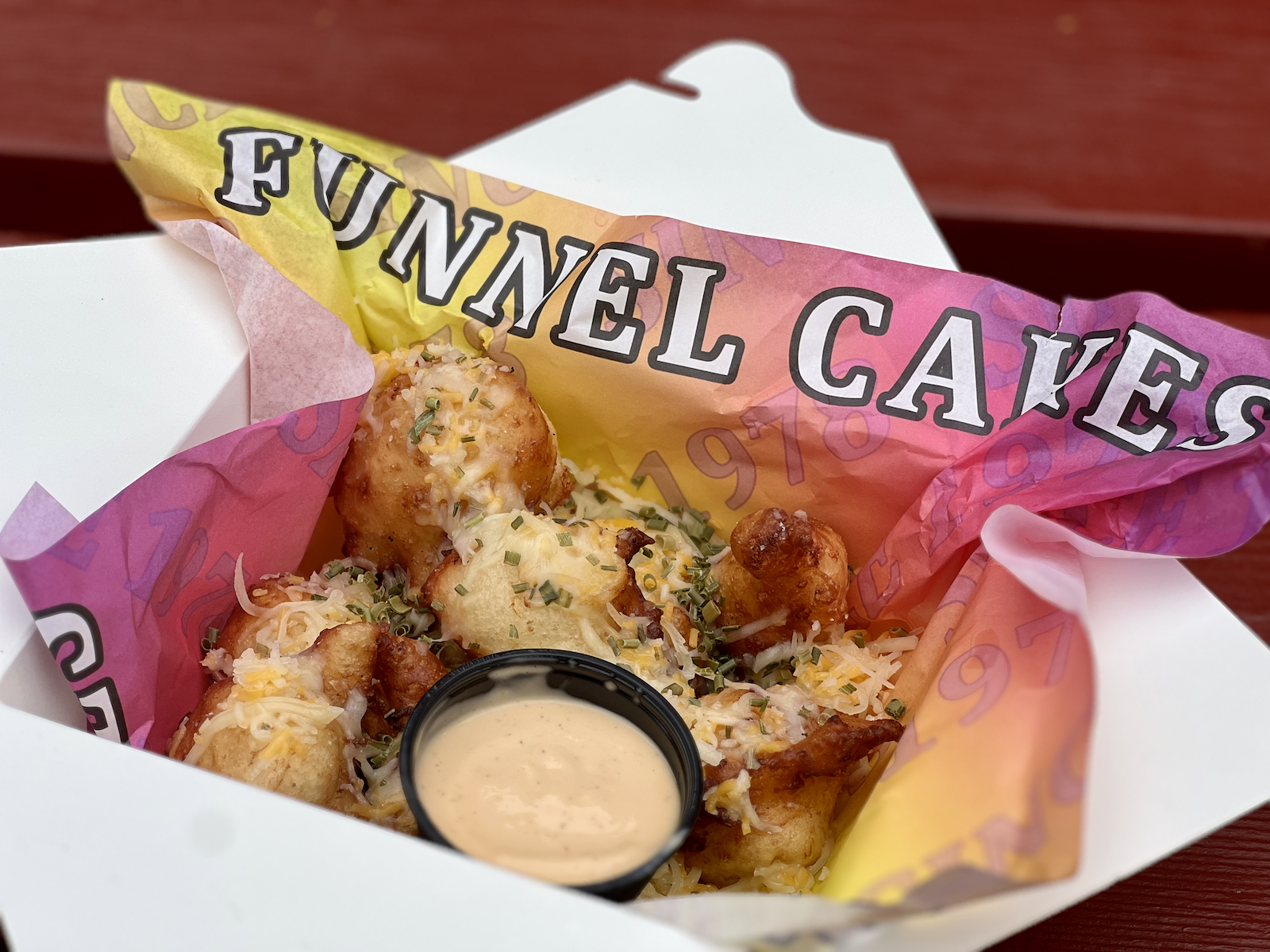 Cheesy Sriracha Funnel Cake Bites