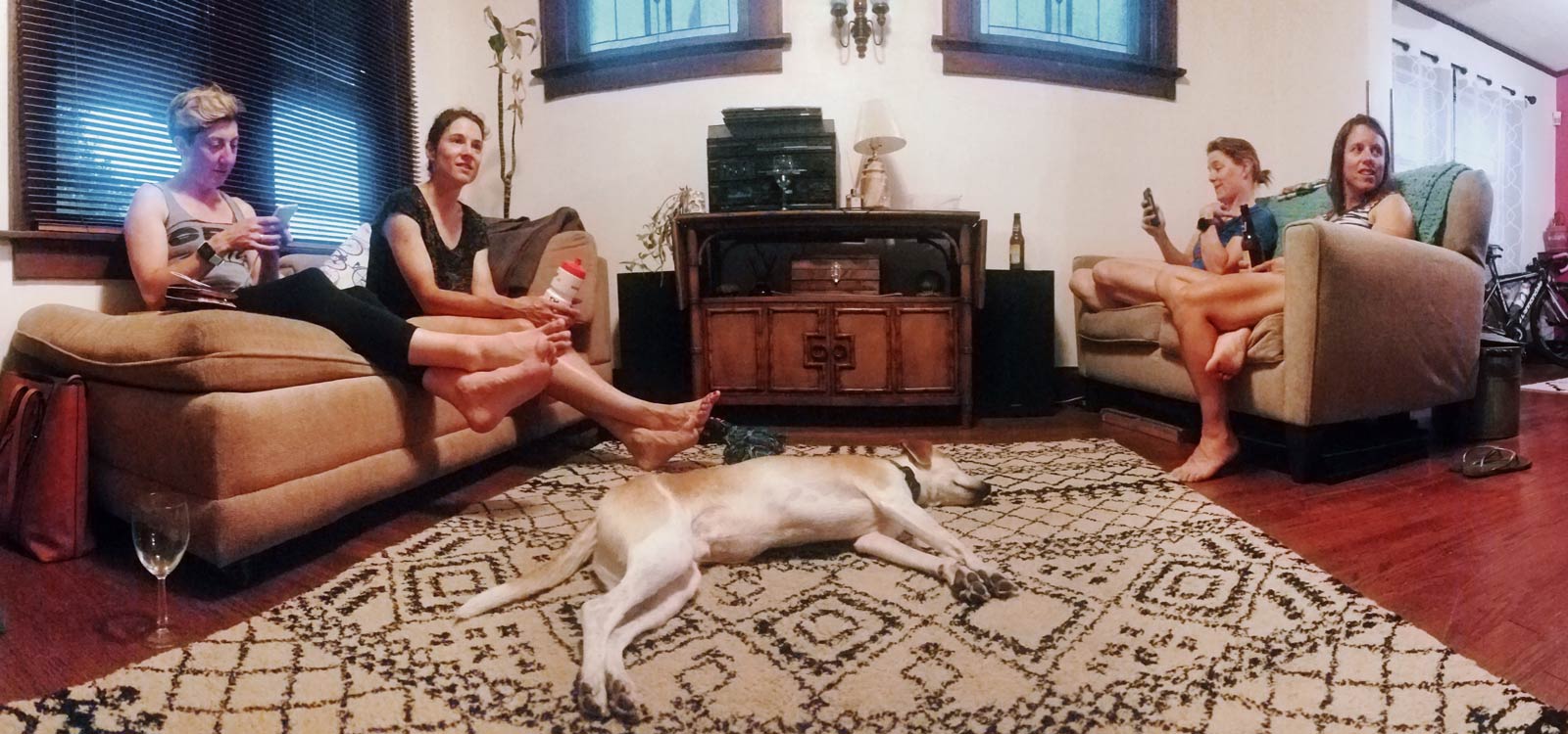 Four women sit around a dog