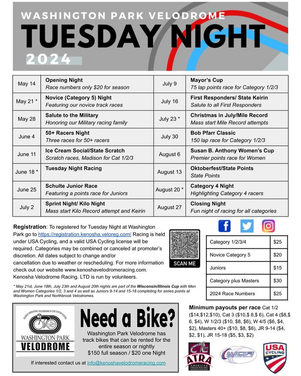 Schedule for the 2024 Kenosha Velodrome Track Racing Series