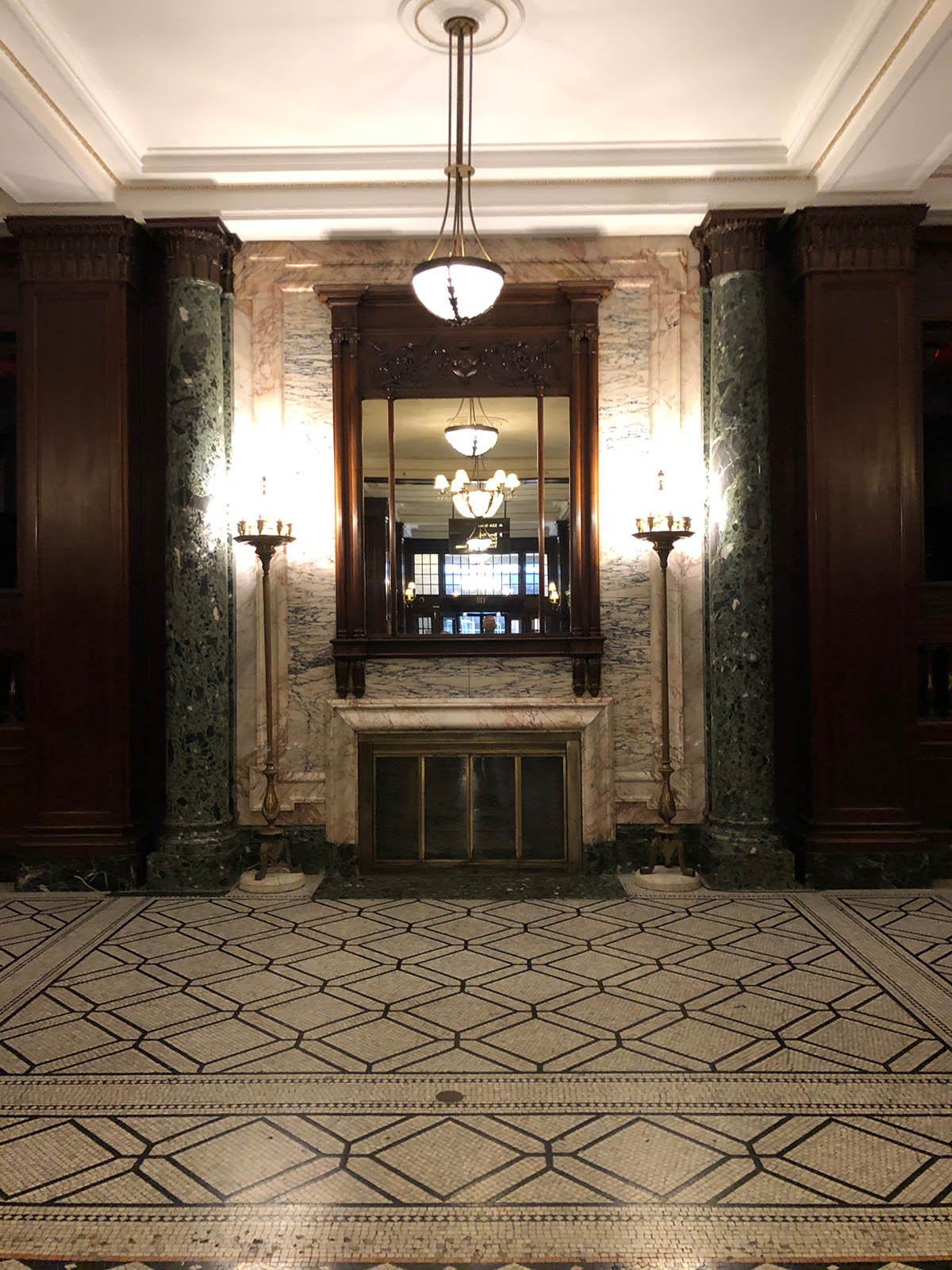 Lobby fireplace.