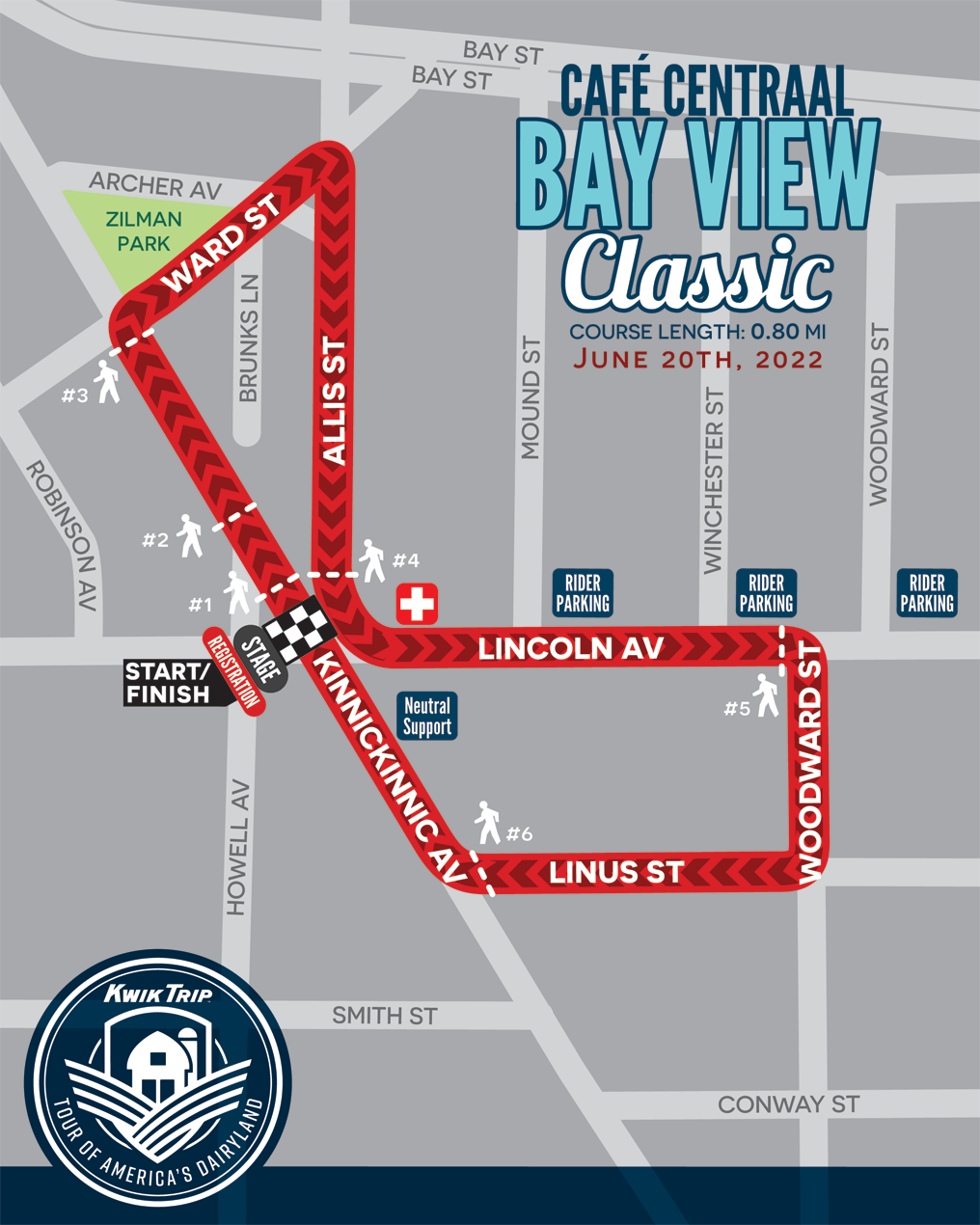 A map of the Bay View Tour of America's Dairyland course.