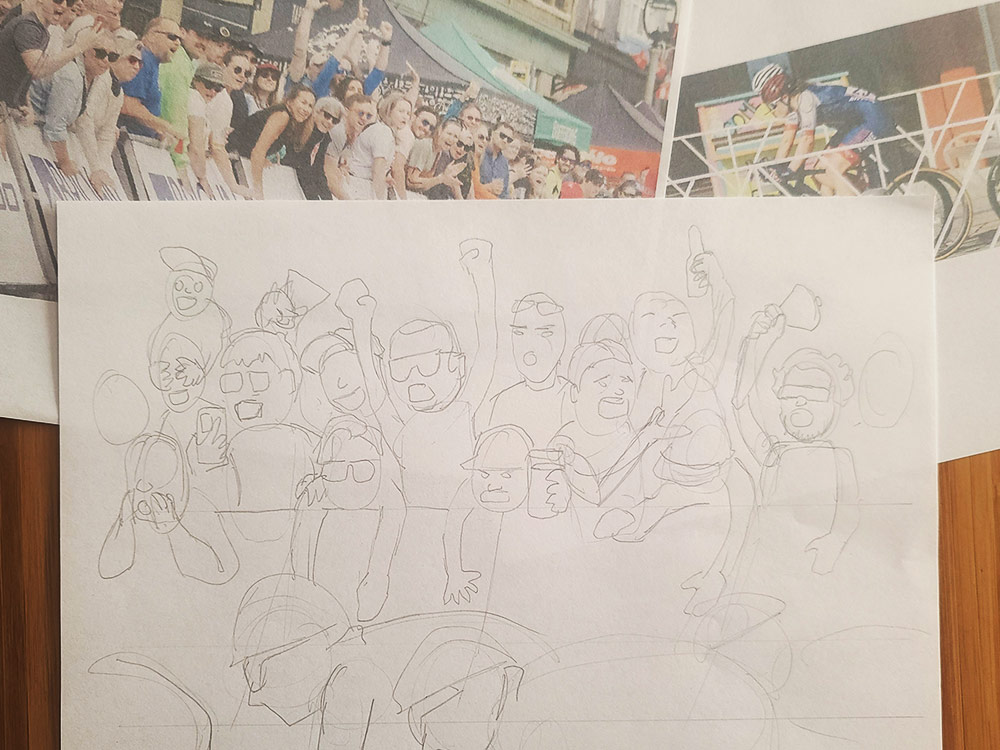 Rough sketch of a group of bike racing fans