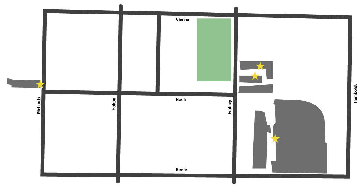 A crude map of the four studio locations at Riverworks Industrial Park.