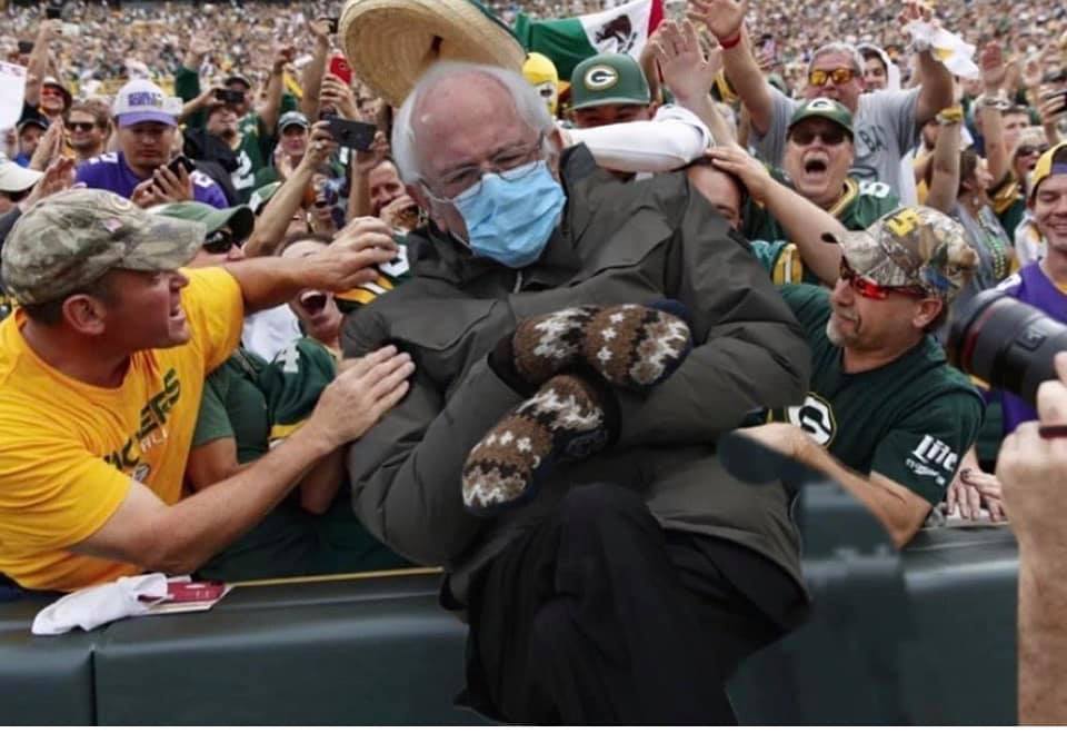 Bernie mitten meme lambeau leap