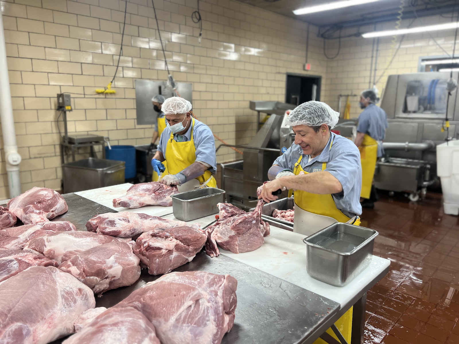 Expert butchers breaking down pork shanks 