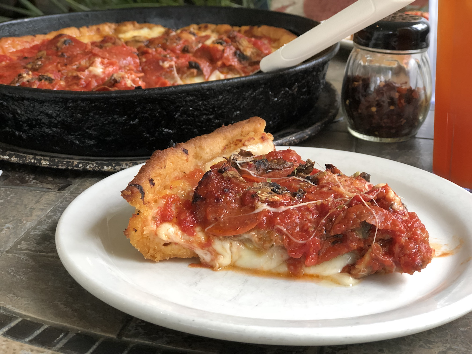 Deep dish pizza from Chuck's Place