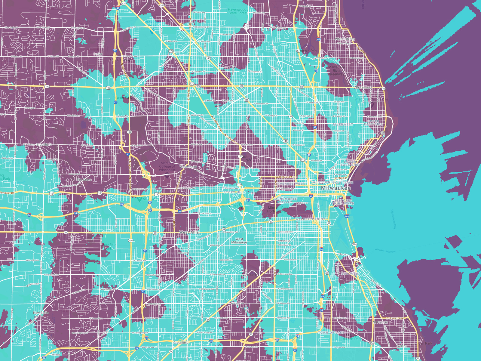 Map showing UScellular's 5G coverage services about half the city.