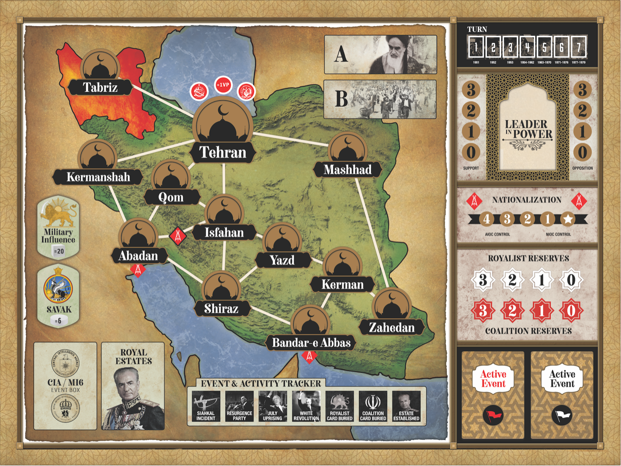 A near-final version of the 1979: Revolution in Iran game board.