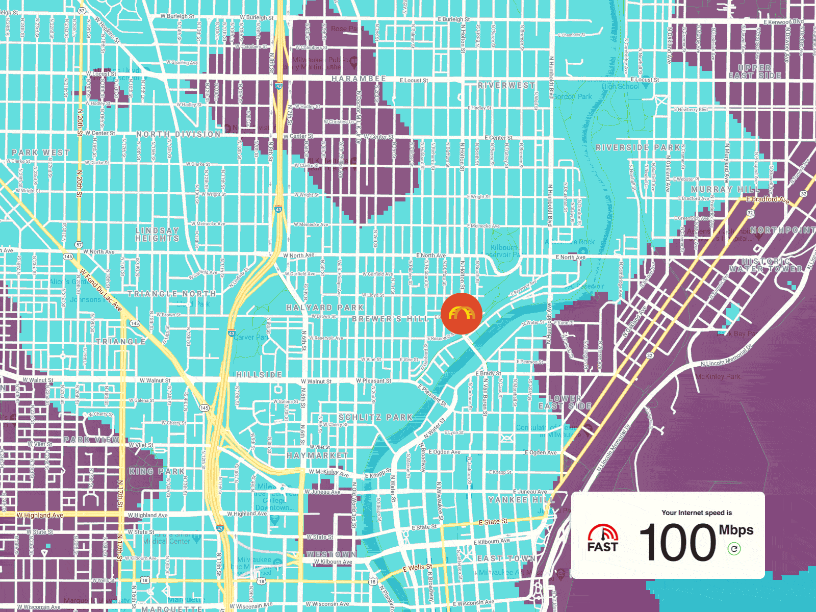 UScellular coverage map near downtown Milwaukee at North Ave. and Holton Ave.