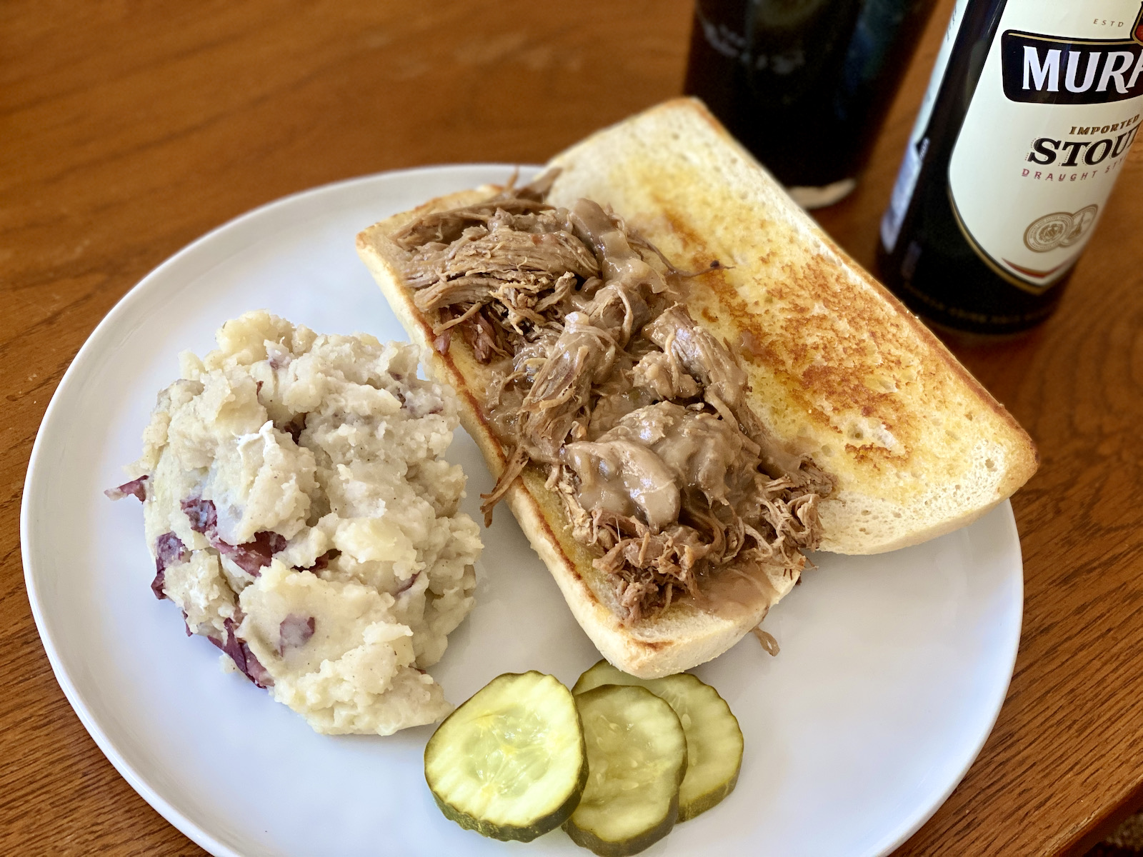 Irish beef sandwich with garlic mashed potatoes