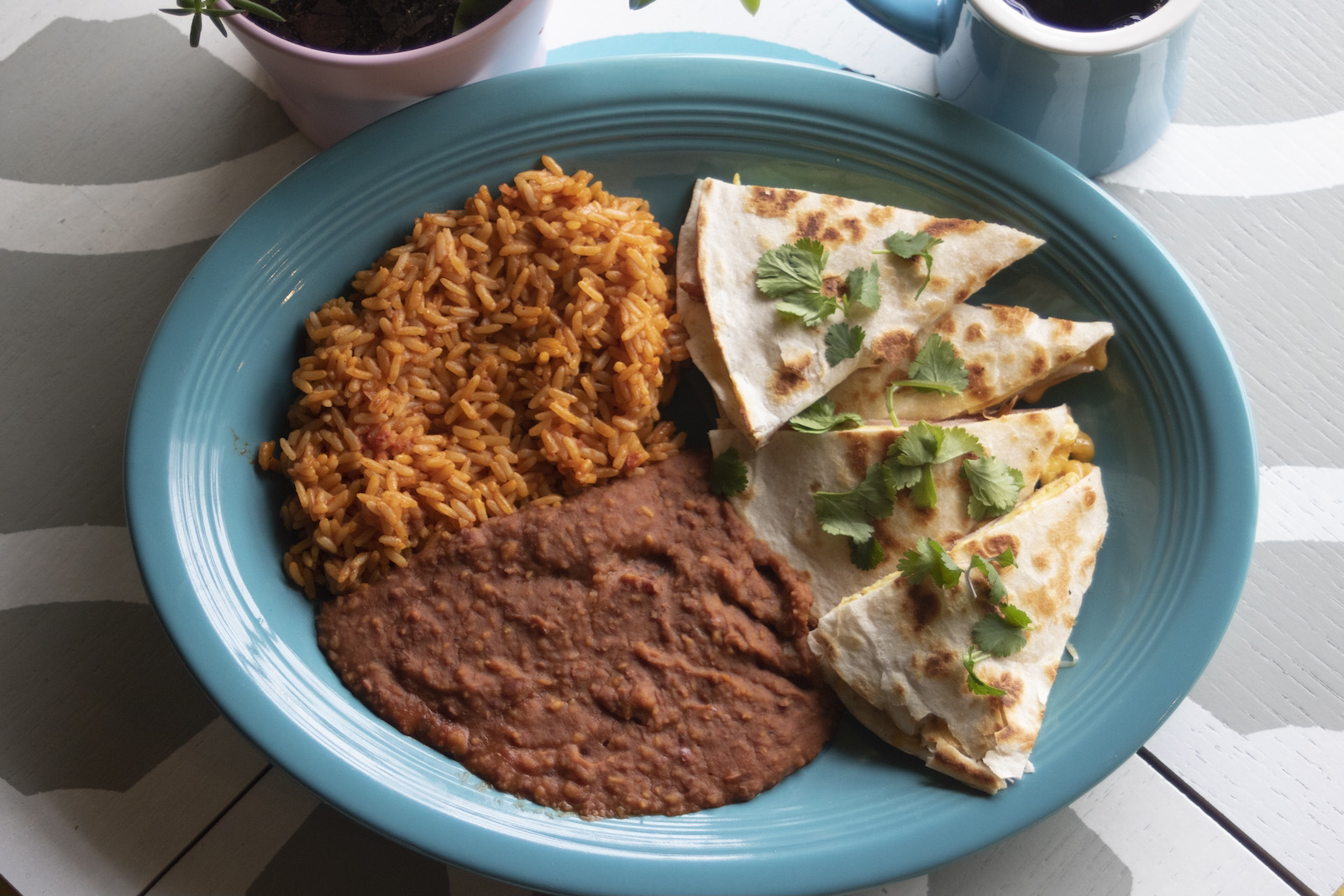 Brunch quesadilla with rice and beans