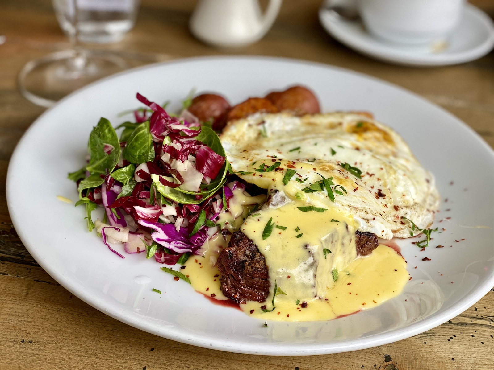 Steak, egg and breakfast potatoes