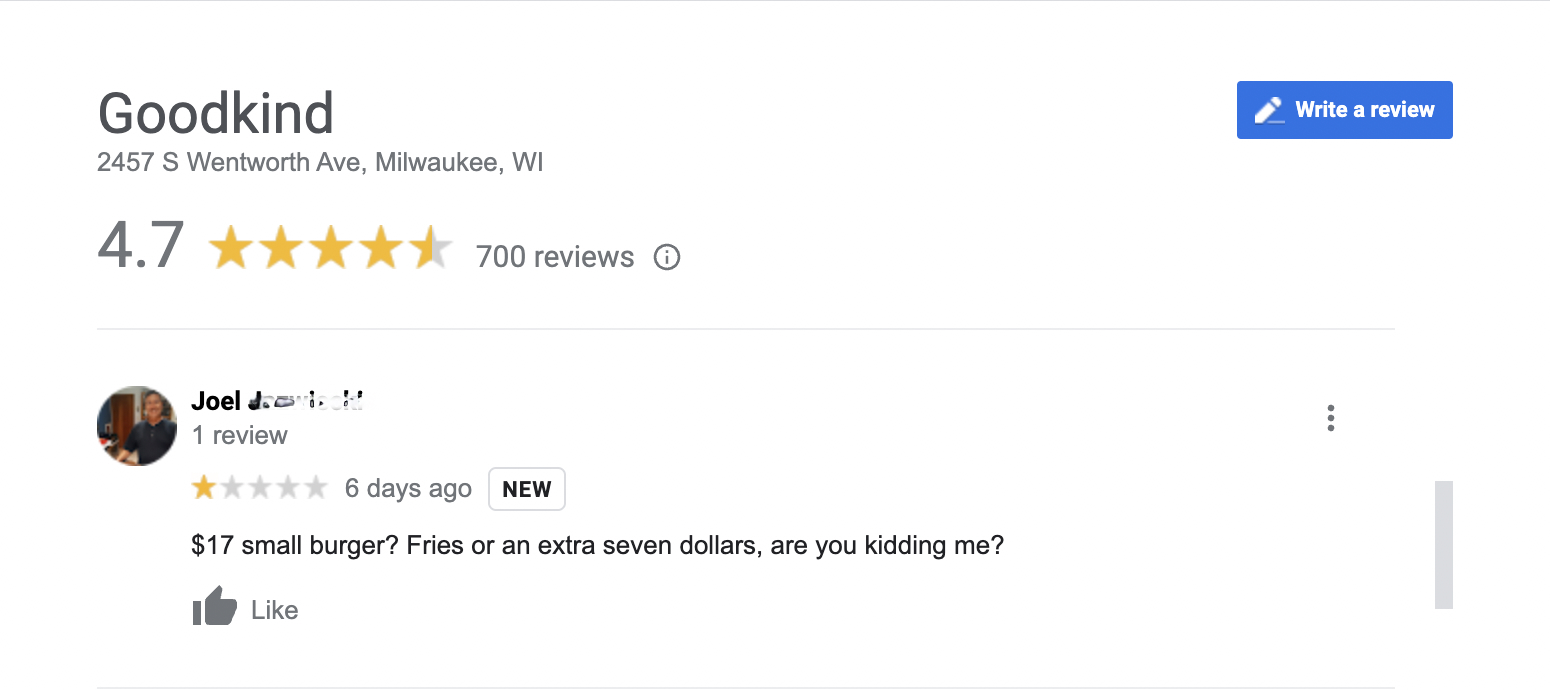 Google Review of Goodkind Burger