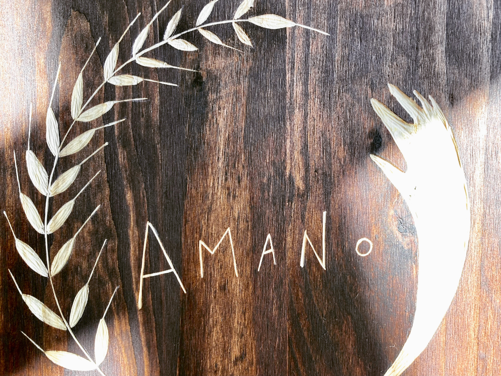 Amano Pan logo on wood