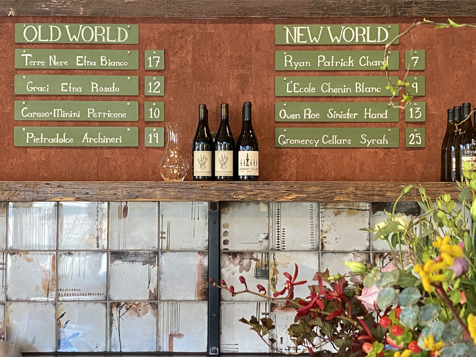 Old and new world wine selections posted on back bar