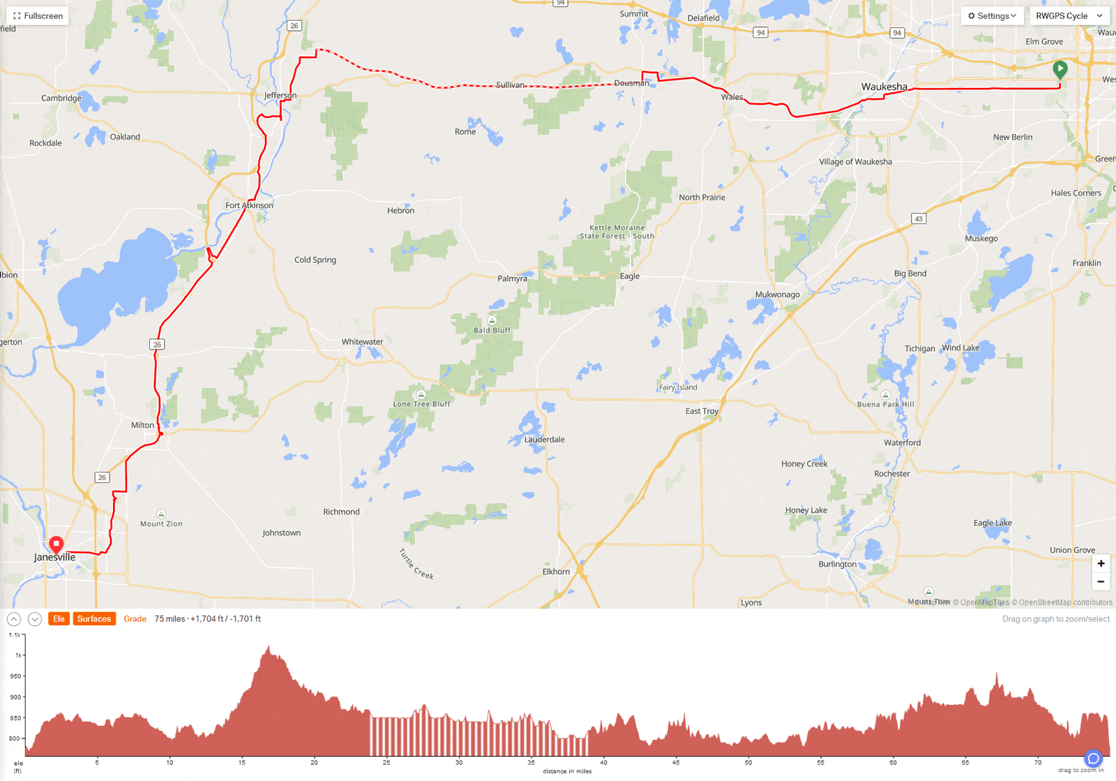 Map from Greenfield Park to Janesville ToAD