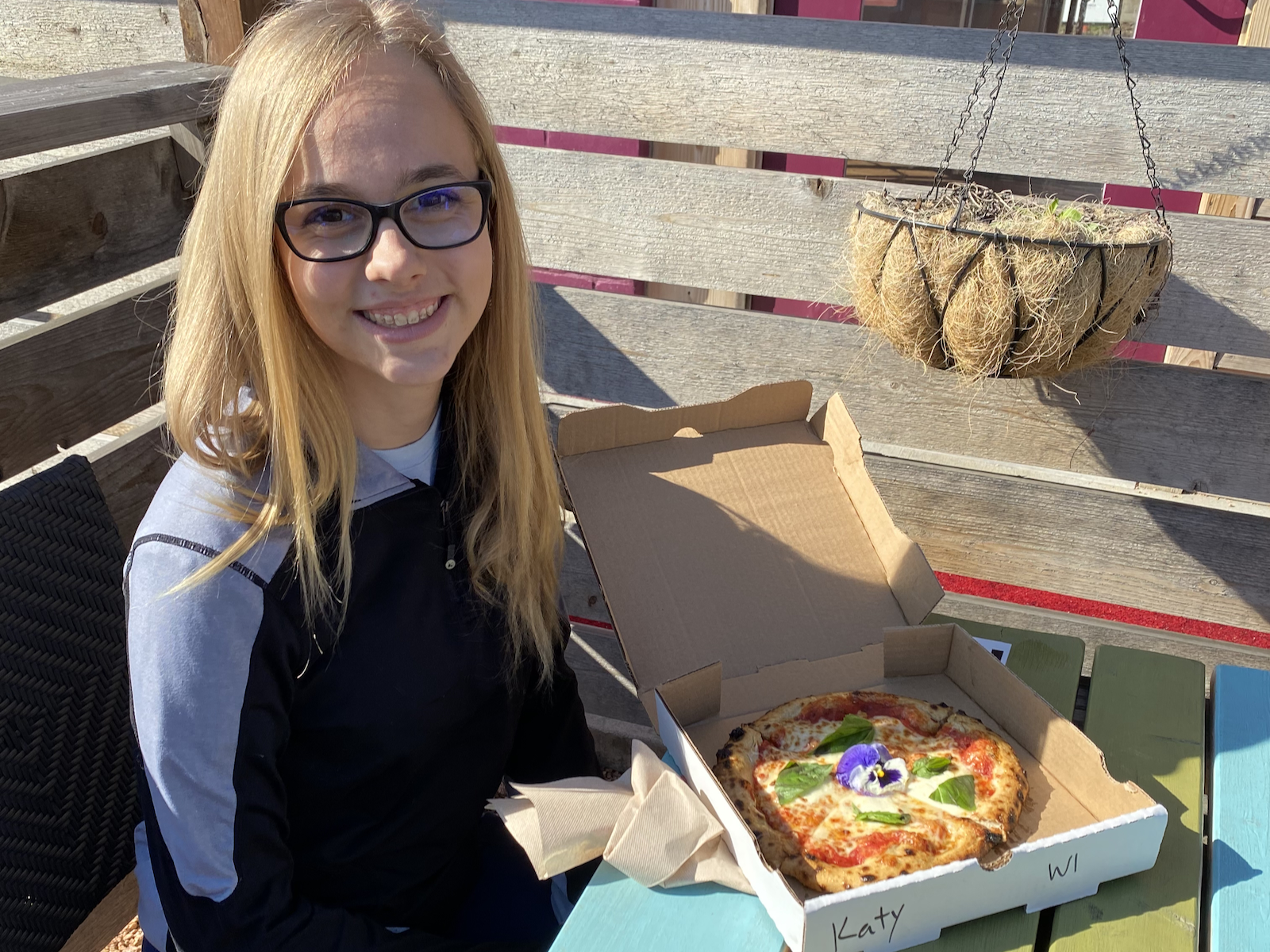 Katy's daughter and her birthday pizza