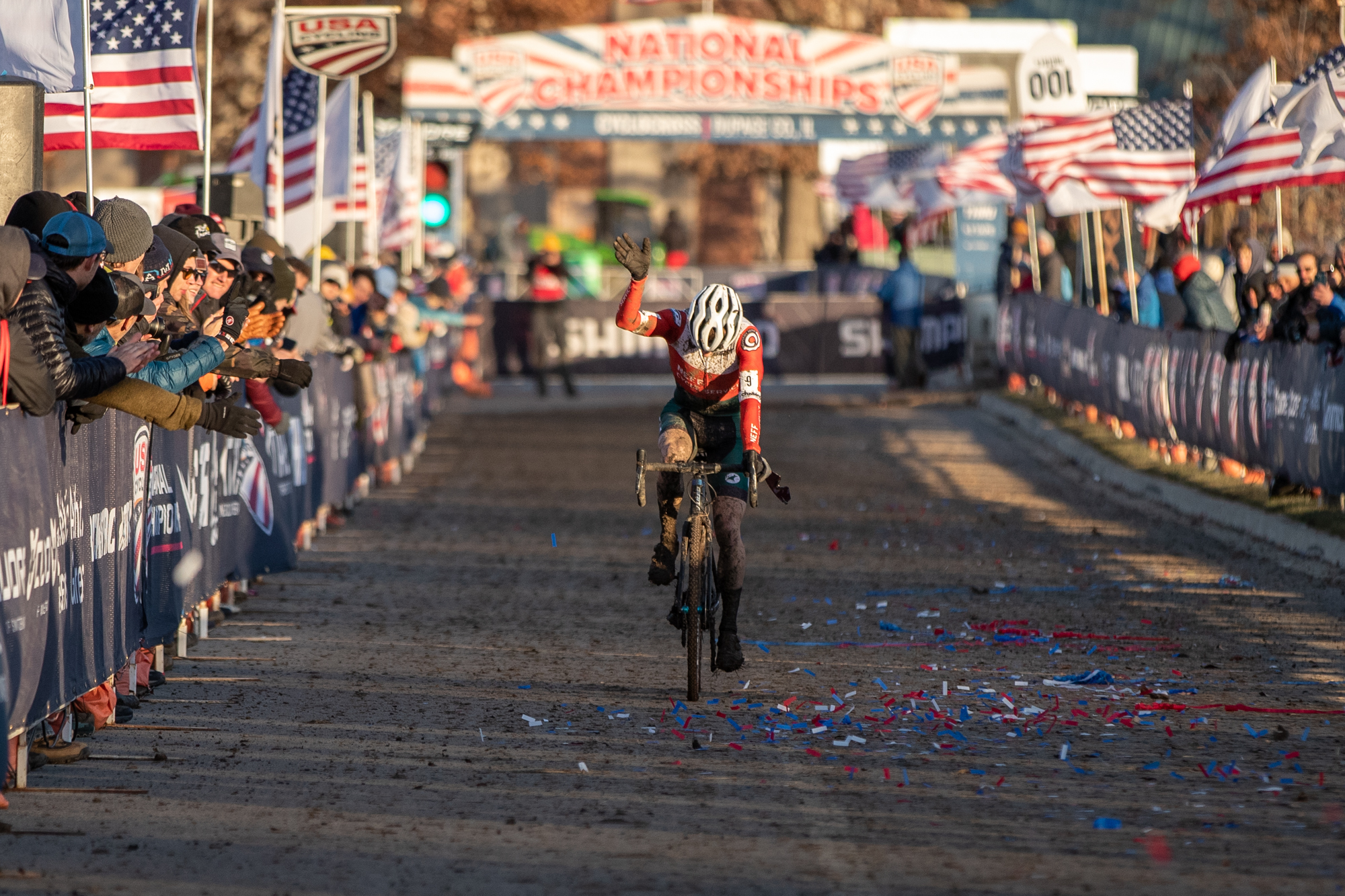 Caleb Swartz crosses the finish line at the 2021 Cyclocross National Championship.