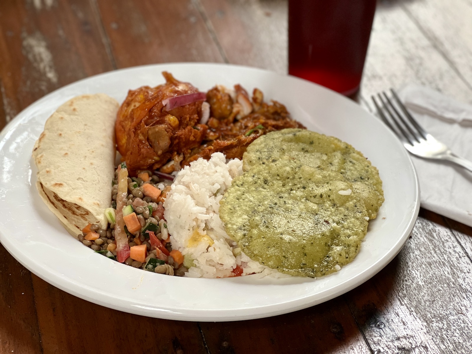 Achiote chicken, rice, lentils, chayitas