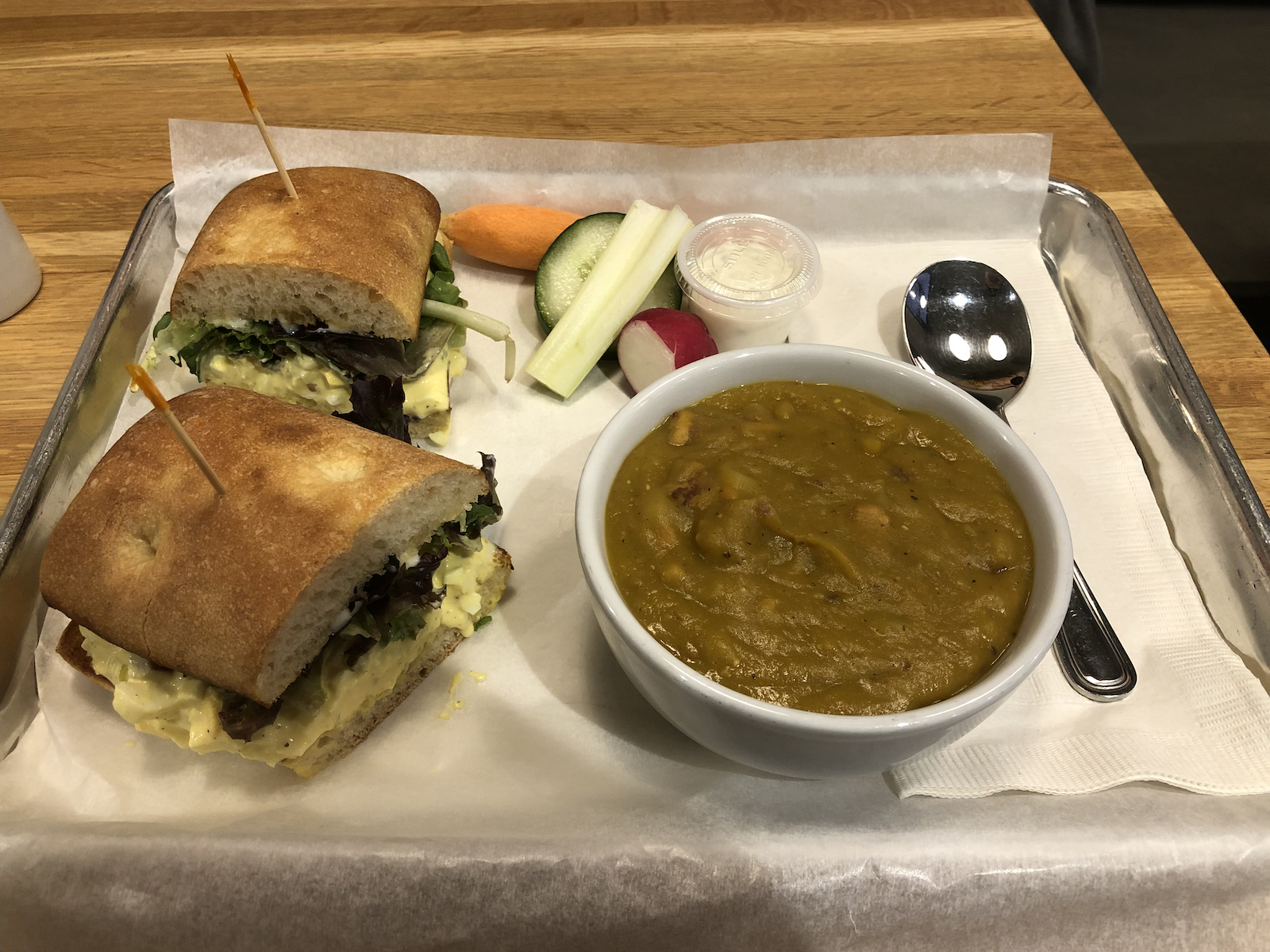 Sandwich and split pea soup