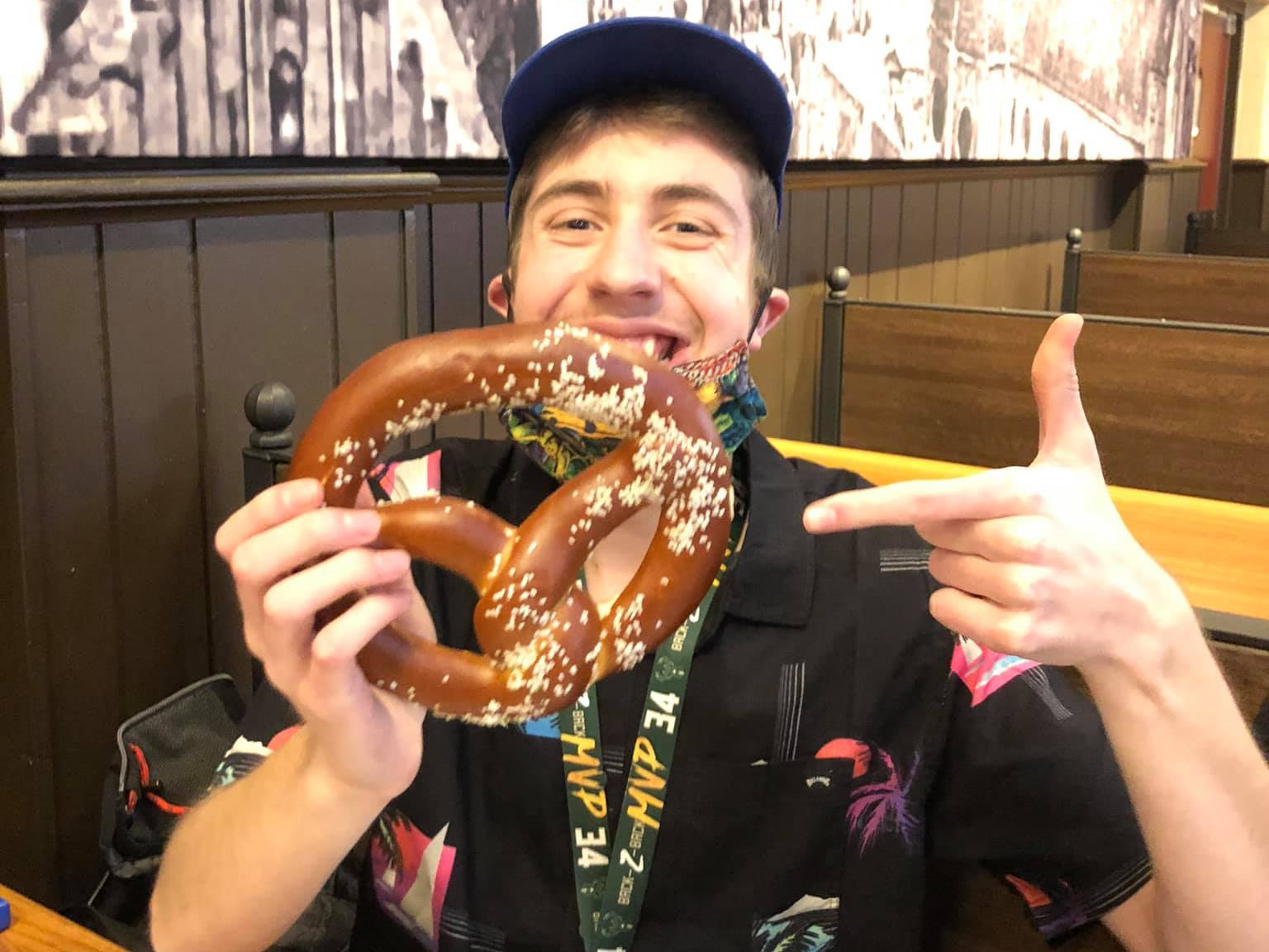 Dominic with a giant pretzel