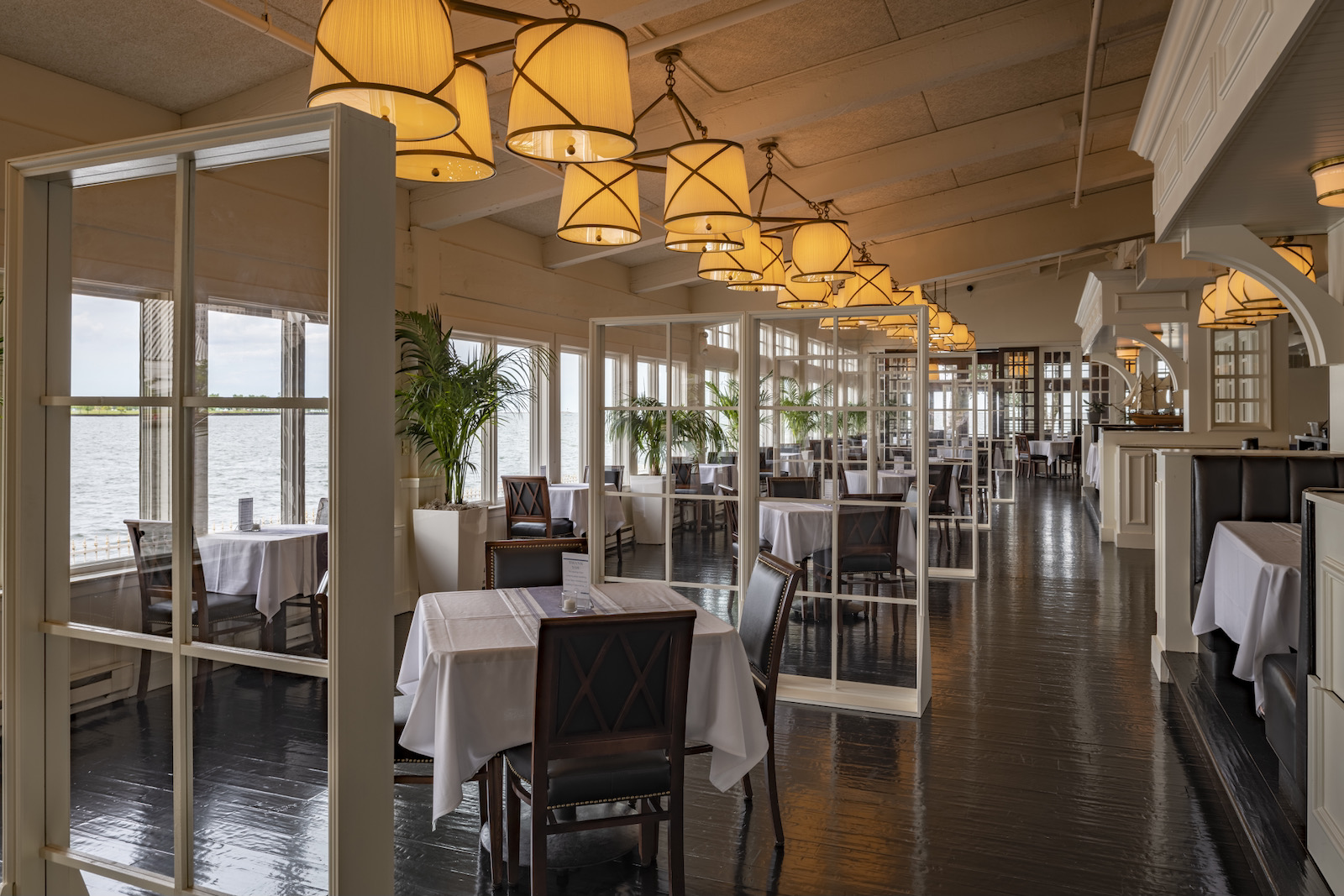 Bartolotta's Harbor House restaurant dining room, ready for safe indoor dining.