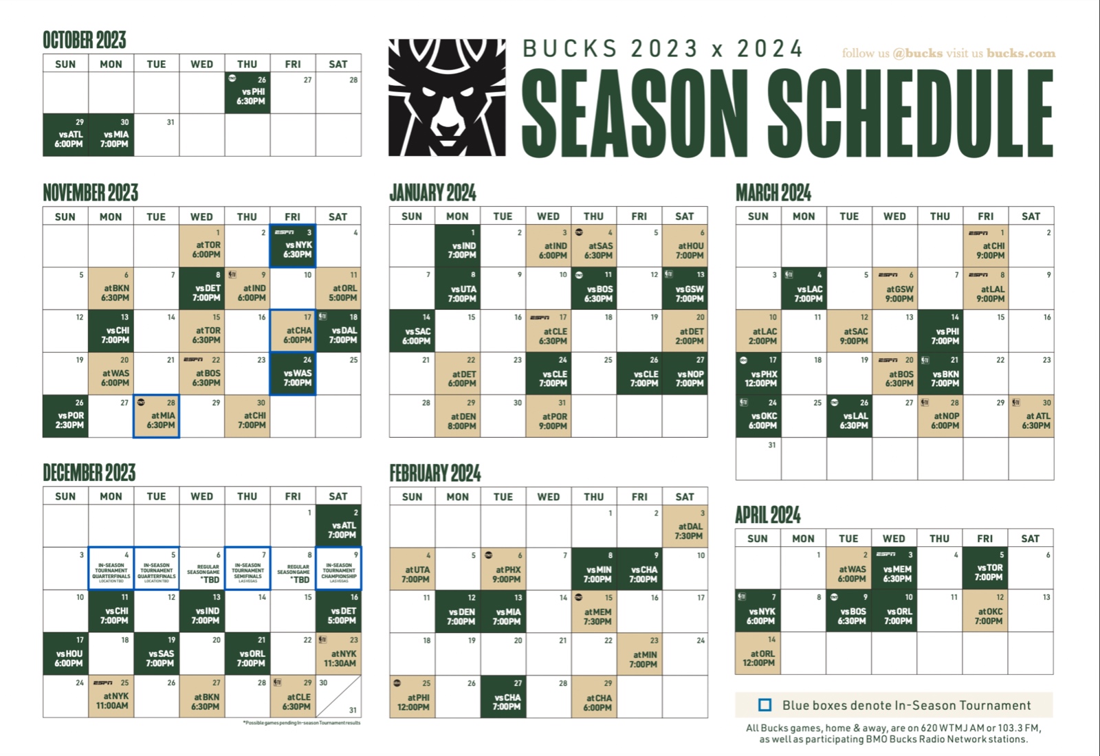 Here's the Bucks' 202324 regular season schedule