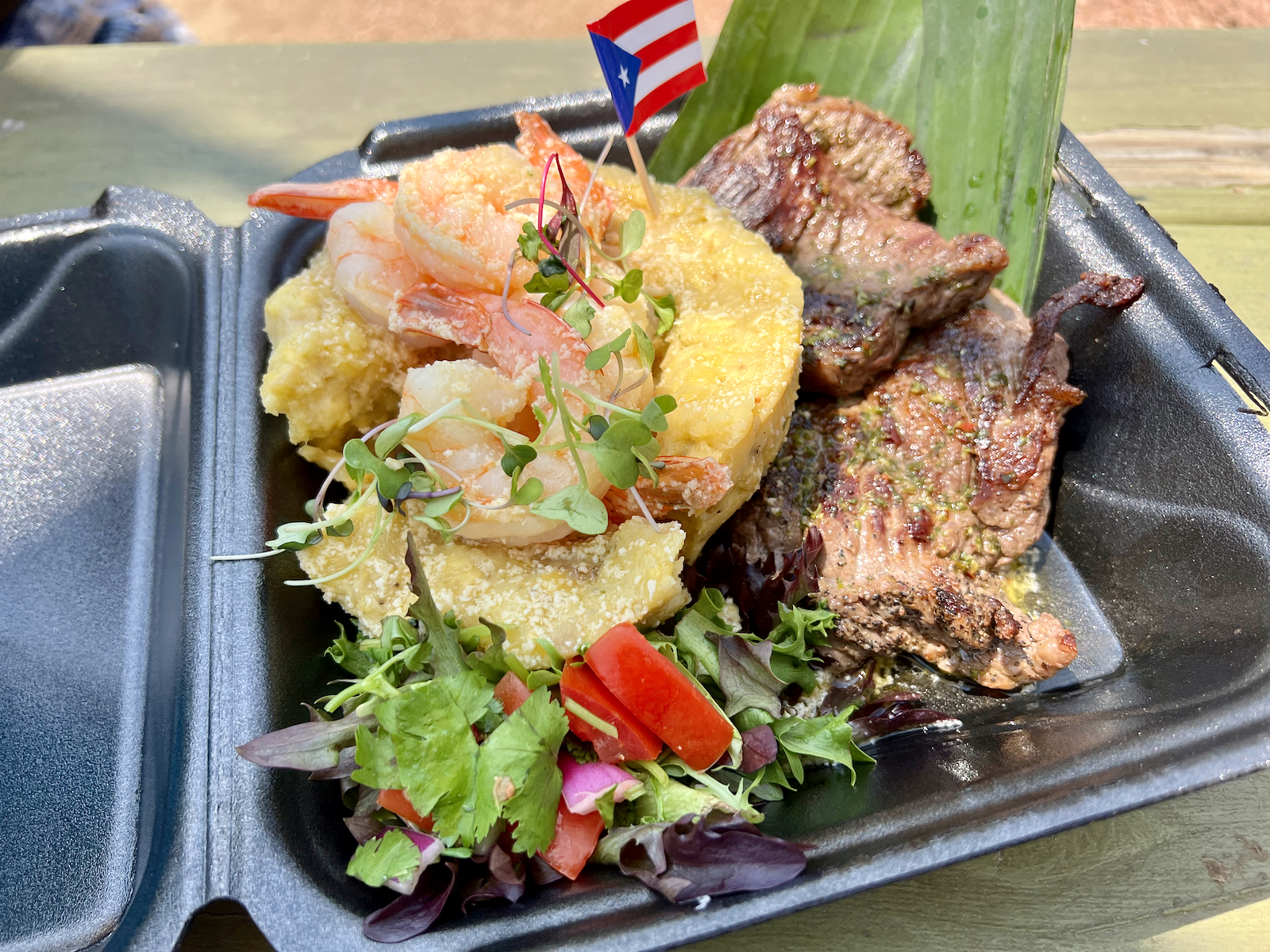 Mofongo, garlic shrimp, churrasco