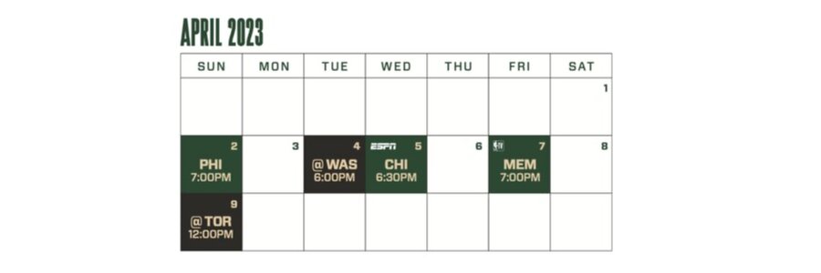 Bucks April schedule