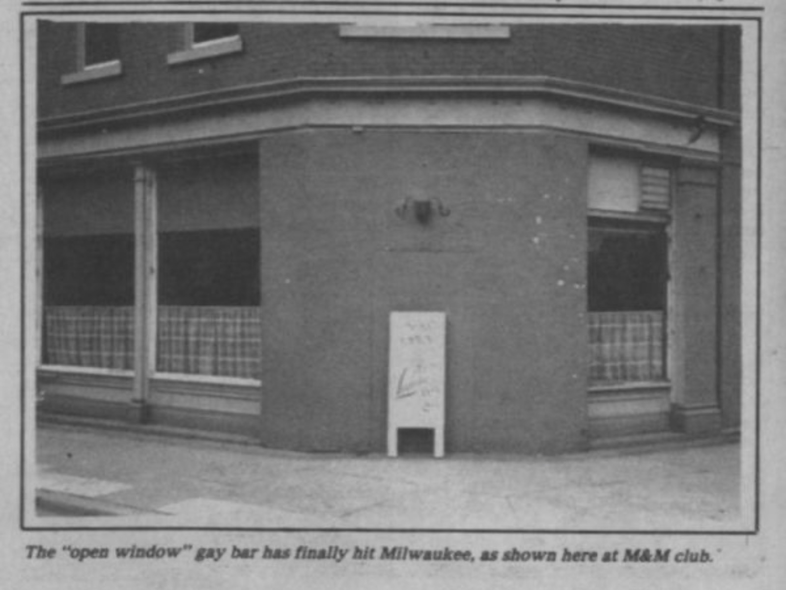 A news clip showing the facade of the M&M Club. According to reports, the windows were uncovered in 1984.