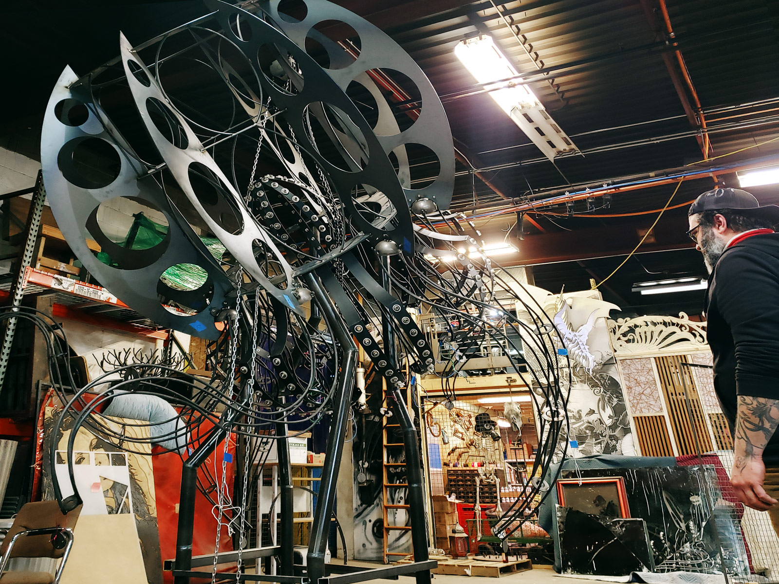 The still-in-progress jellyfish sculpture looms overhead.