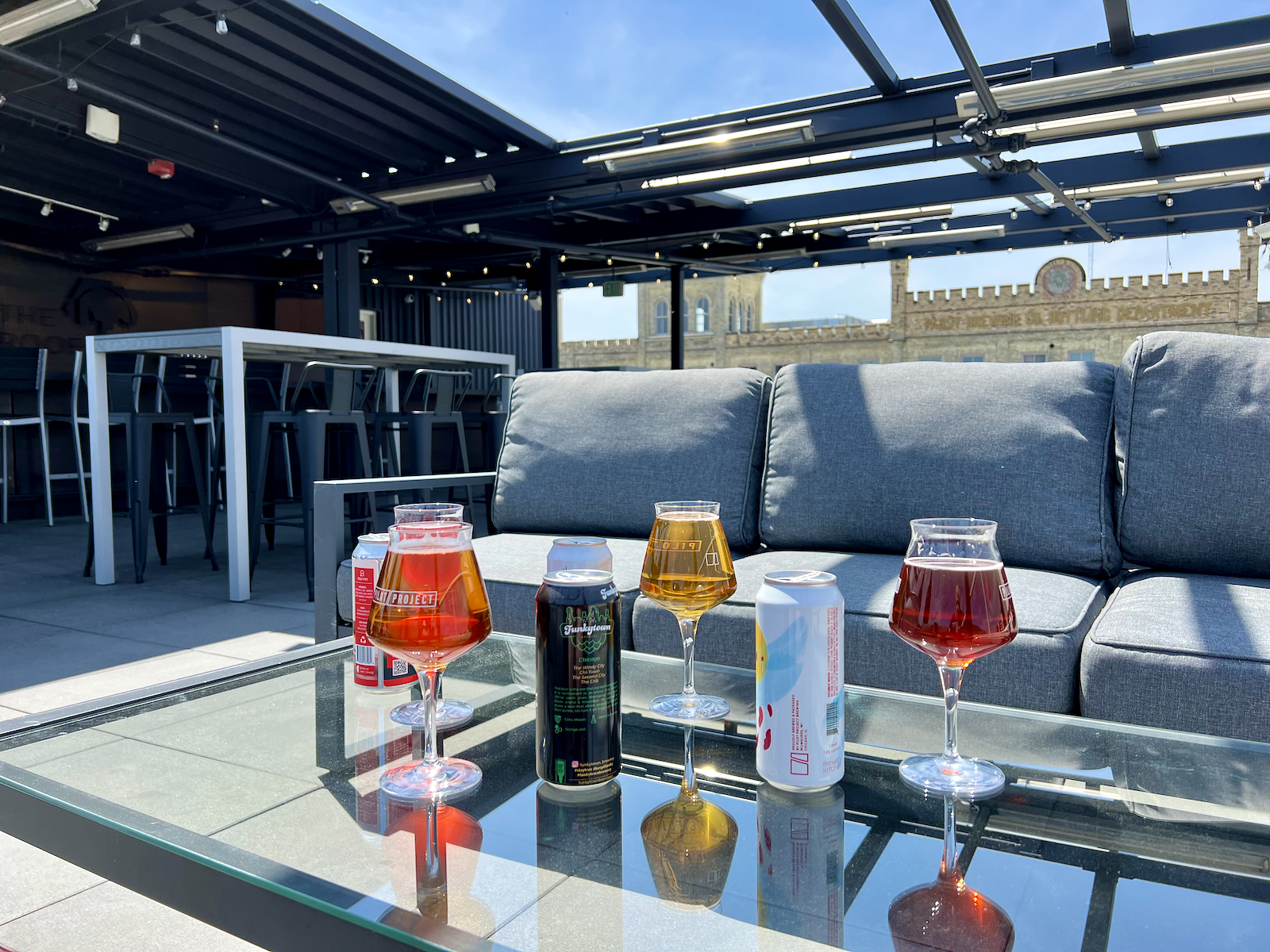 Beverages on table on rooftop