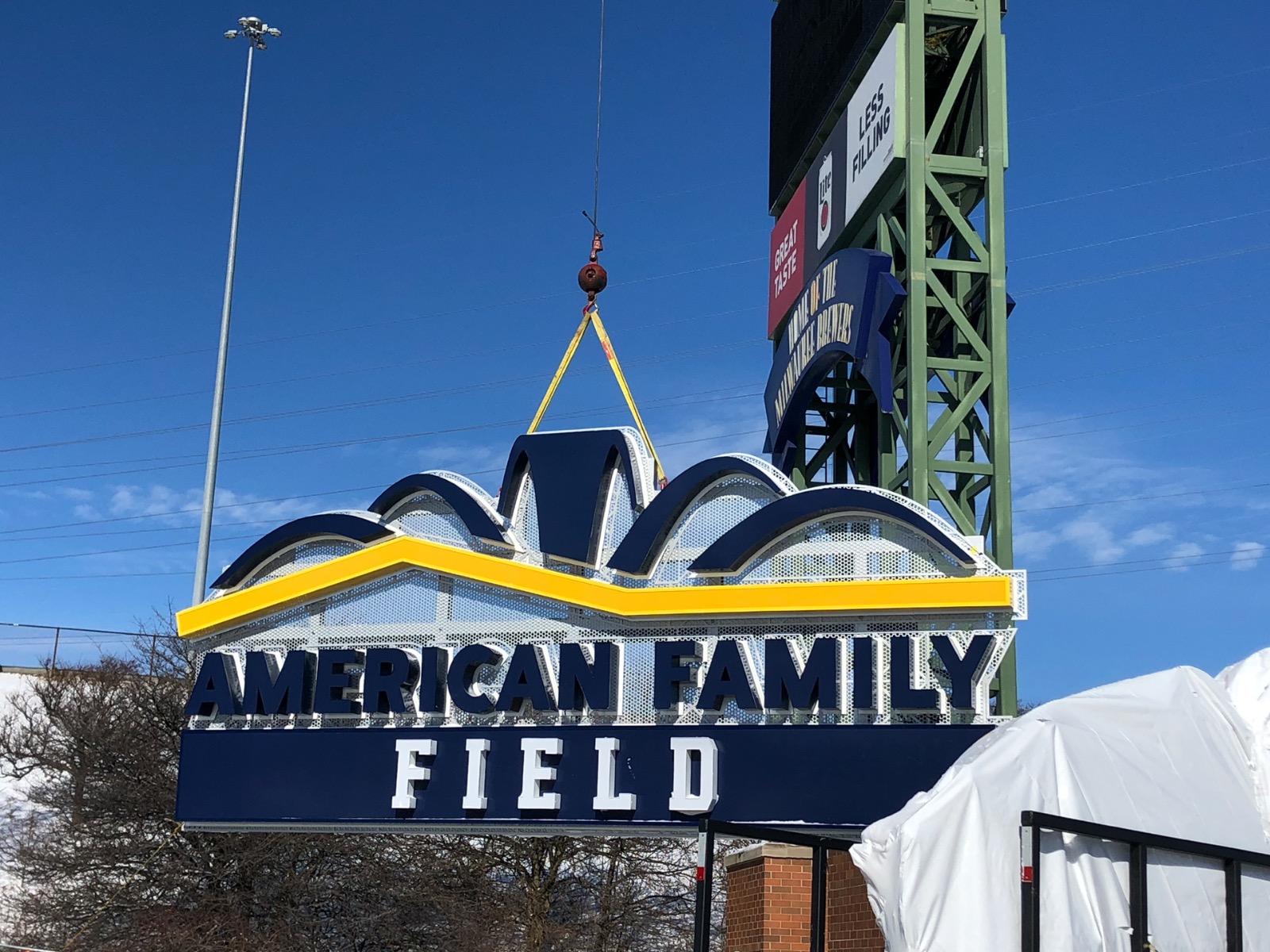 American Family Field sign going up