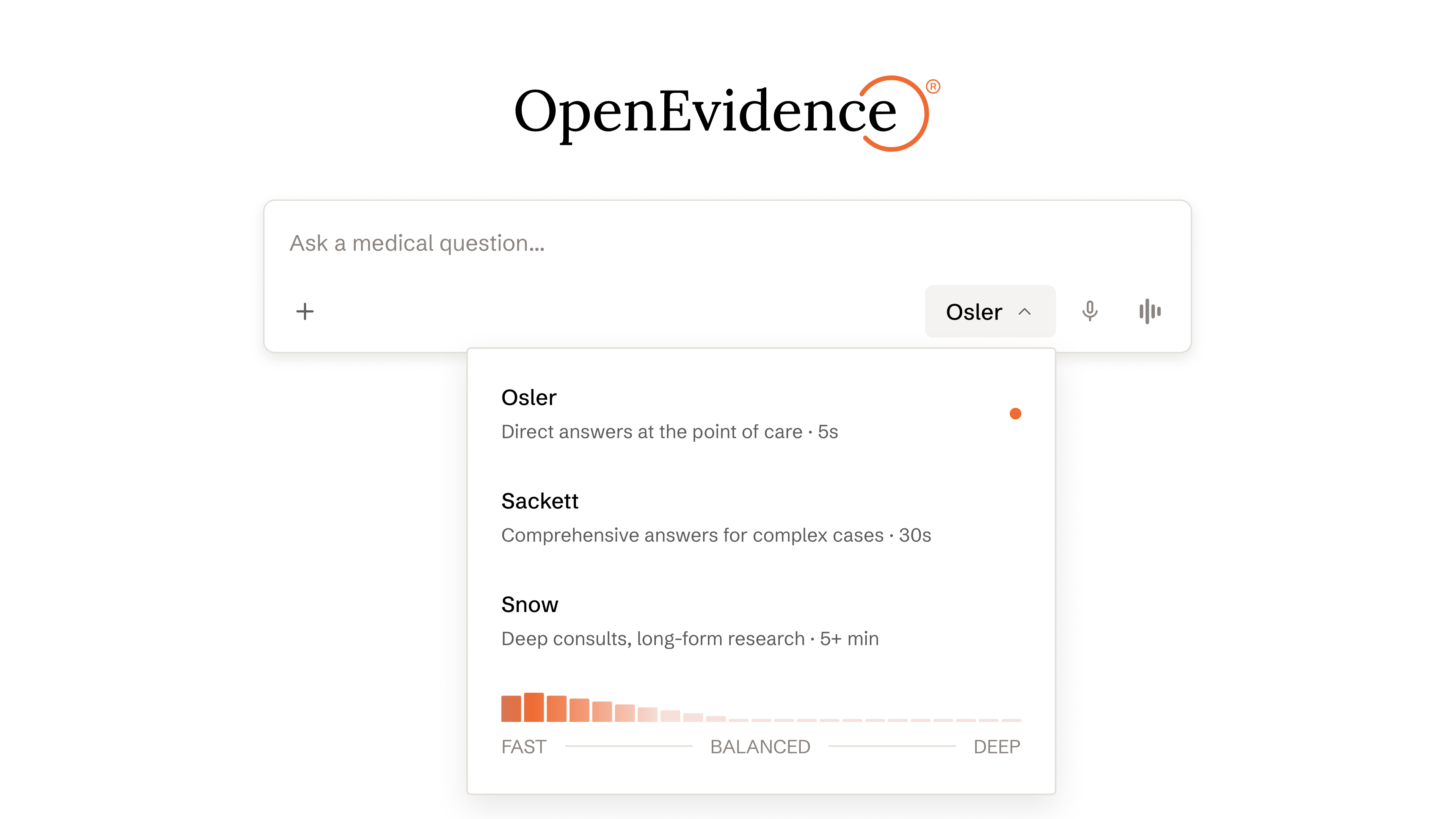 The model selector in the OpenEvidence interface, showing Osler, Sackett, and Snow
