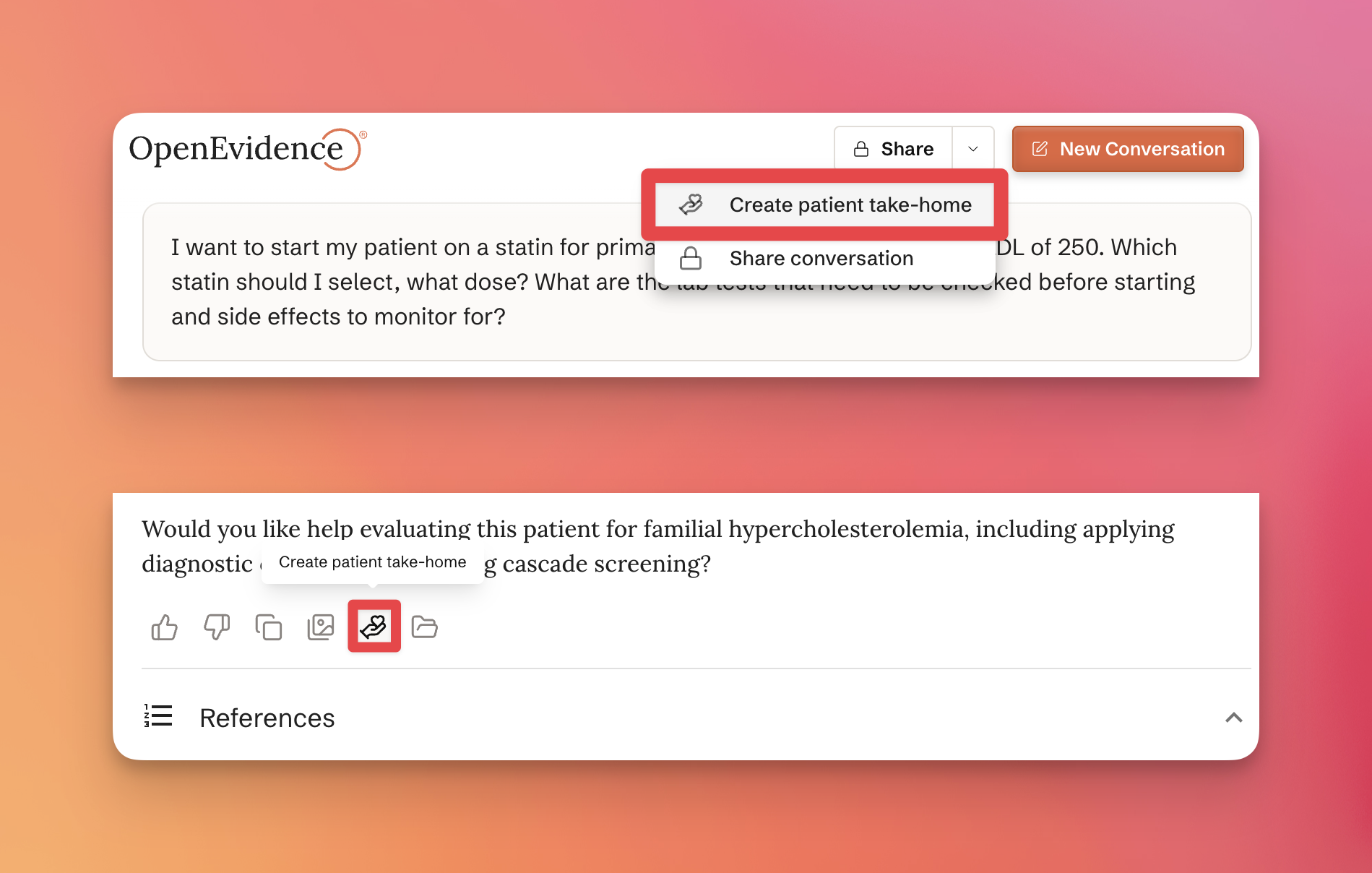 The Send menu and the per-answer icon for creating a patient take-home