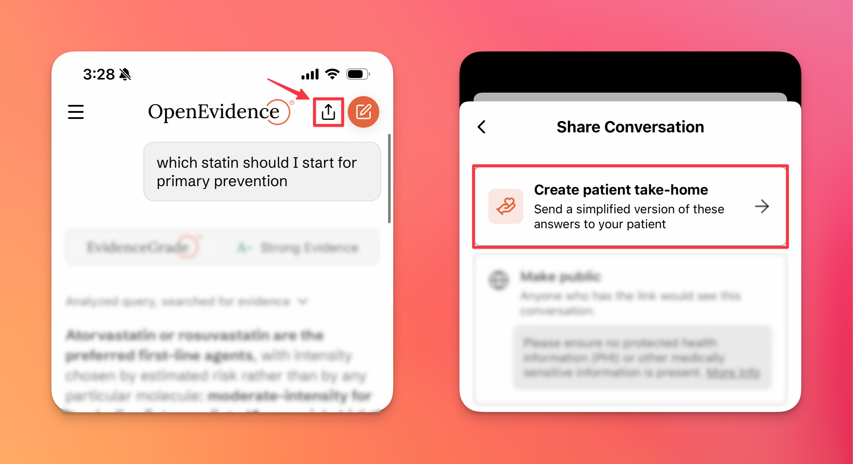 The Share Conversation menu in the OpenEvidence mobile app with Create patient take-home