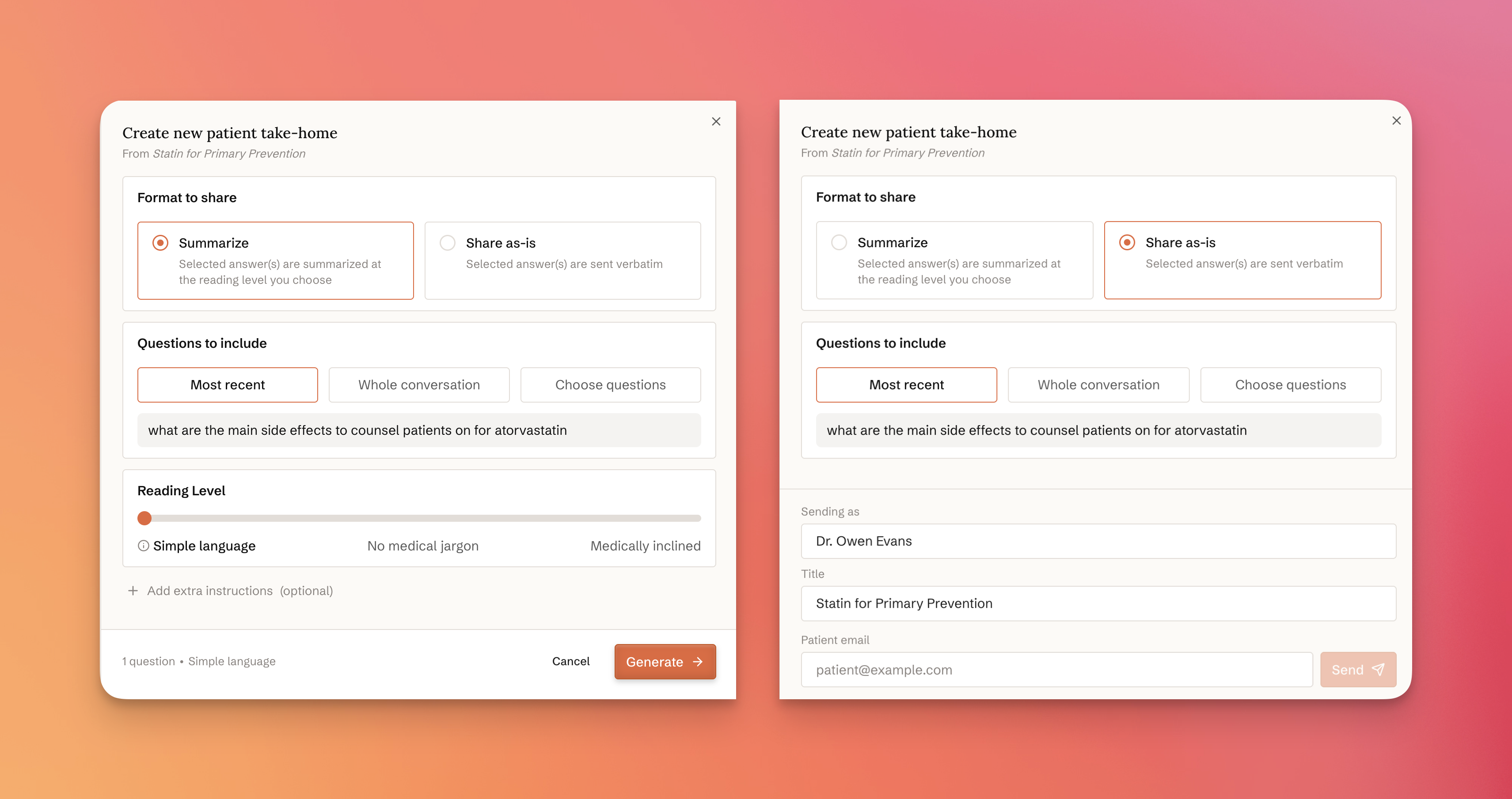 The patient take-home configuration modal with the Summarize and Share as-is formats